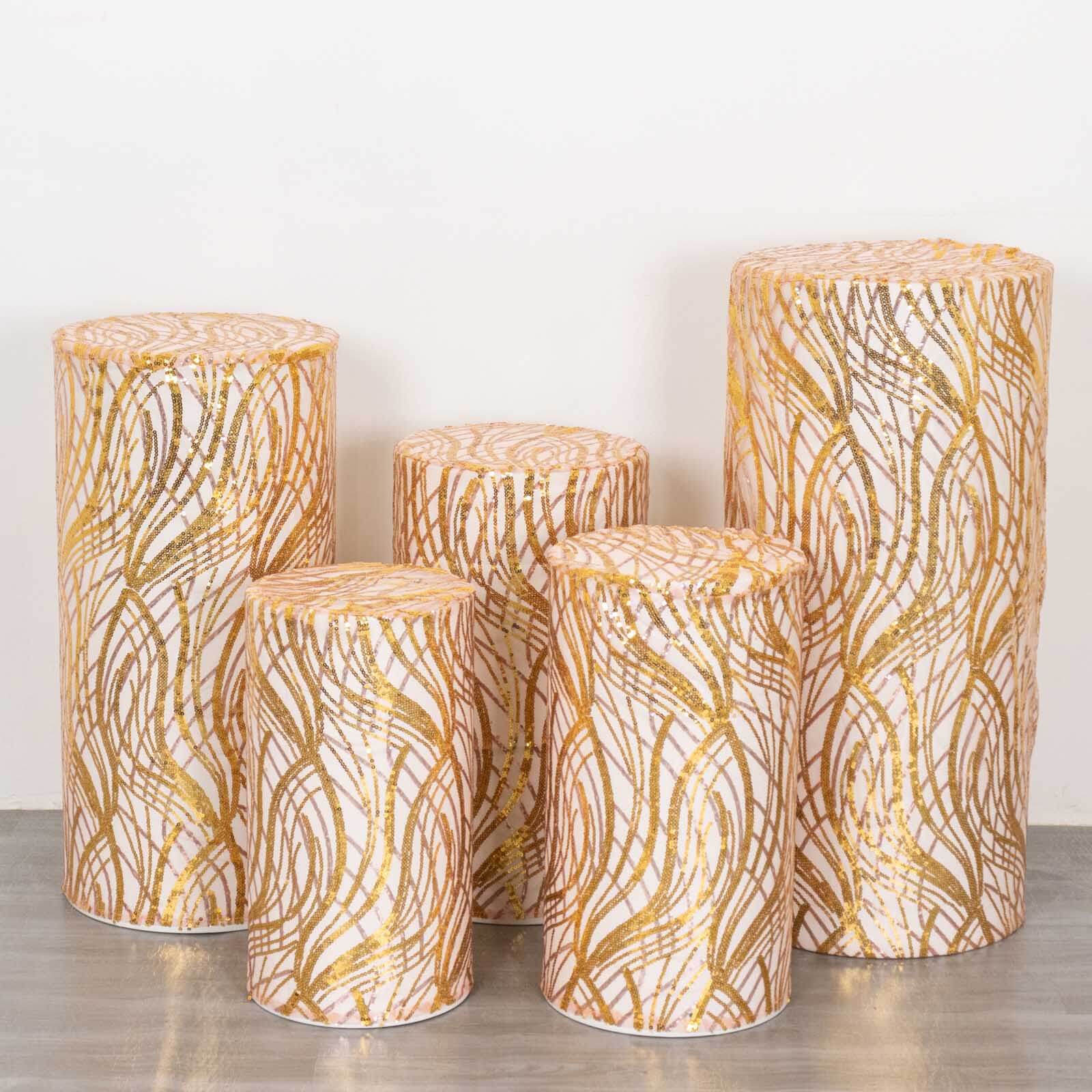 Set of 5 Rose Gold Wave Mesh Cylinder Pillar Prop Covers with Embroidered Sequins, Premium Pedestal Stand Covers - 160 GSM - Image 10