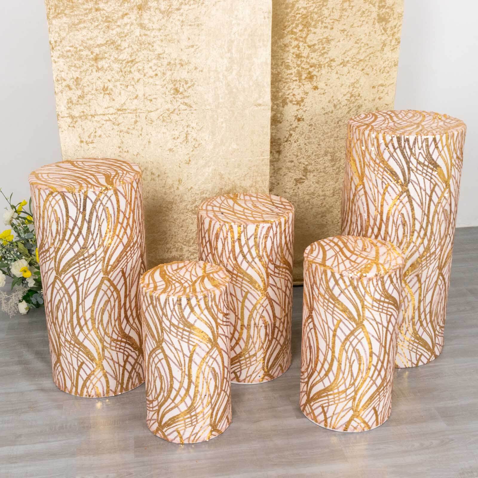 Set of 5 Rose Gold Wave Mesh Cylinder Pillar Prop Covers with Embroidered Sequins, Premium Pedestal Stand Covers - 160 GSM - Image 11