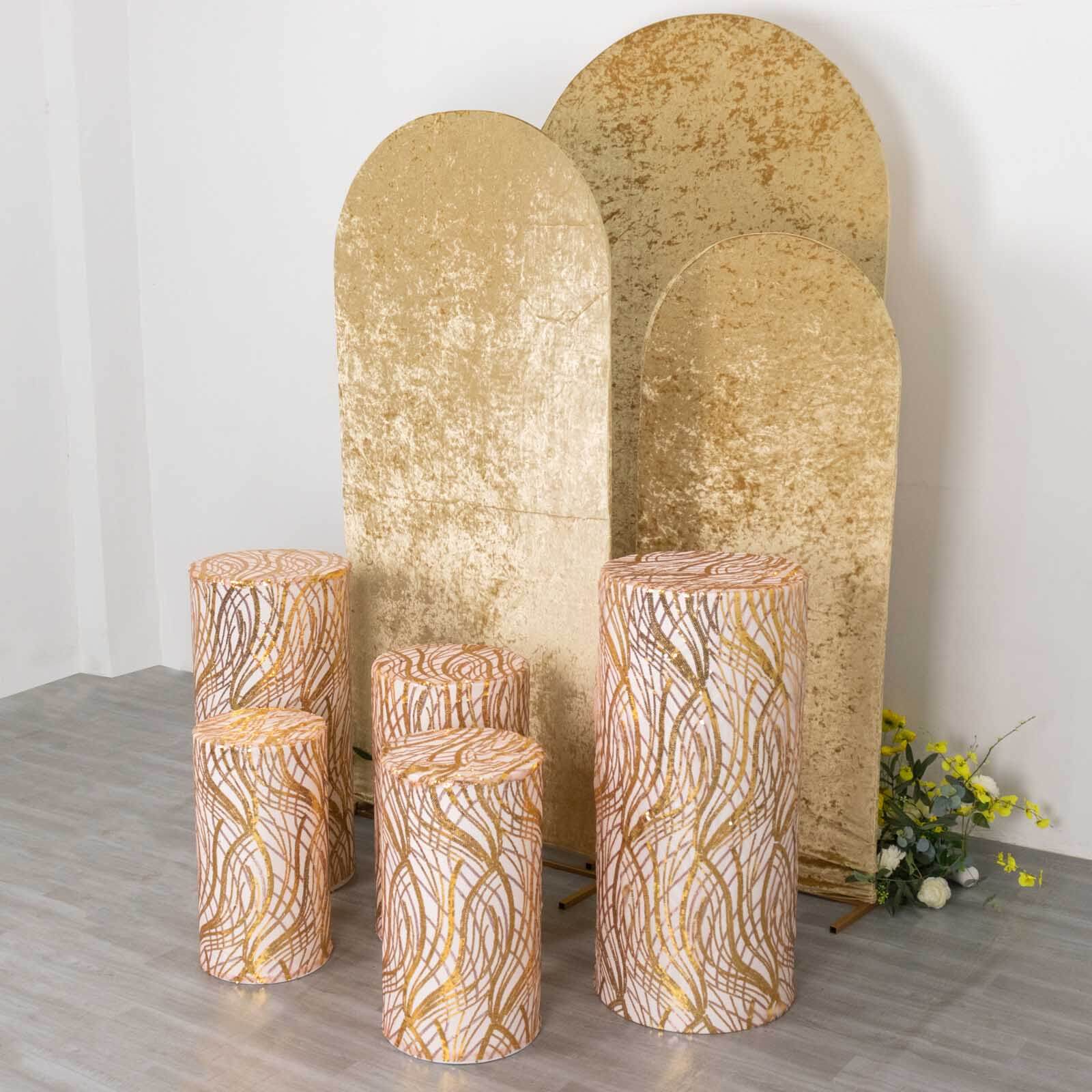 Set of 5 Rose Gold Wave Mesh Cylinder Pillar Prop Covers with Embroidered Sequins, Premium Pedestal Stand Covers - 160 GSM - Image 12