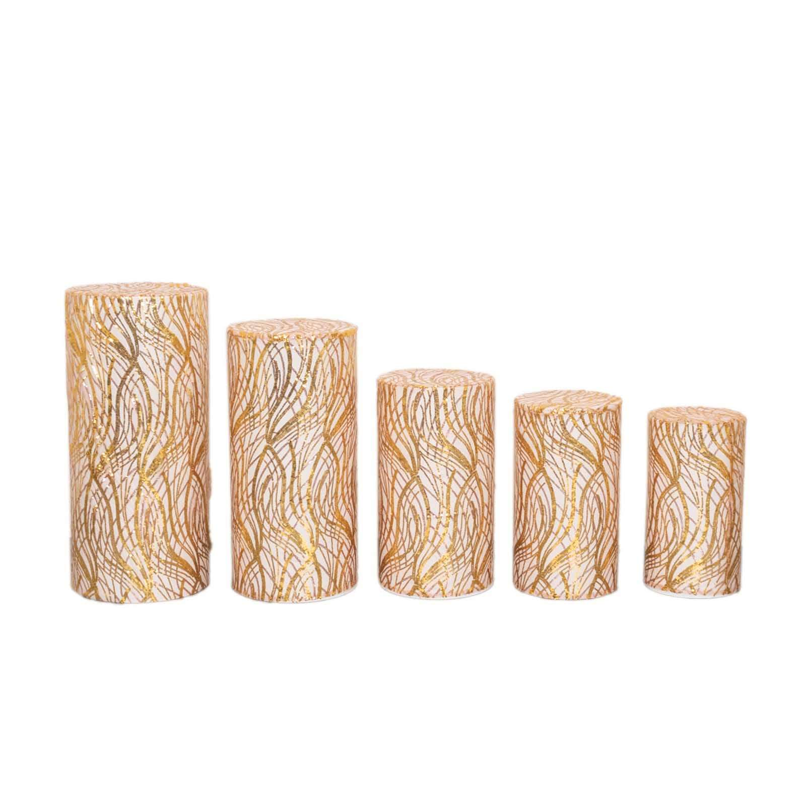 Set of 5 Rose Gold Wave Mesh Cylinder Pillar Prop Covers with Embroidered Sequins, Premium Pedestal Stand Covers - 160 GSM - Image 14