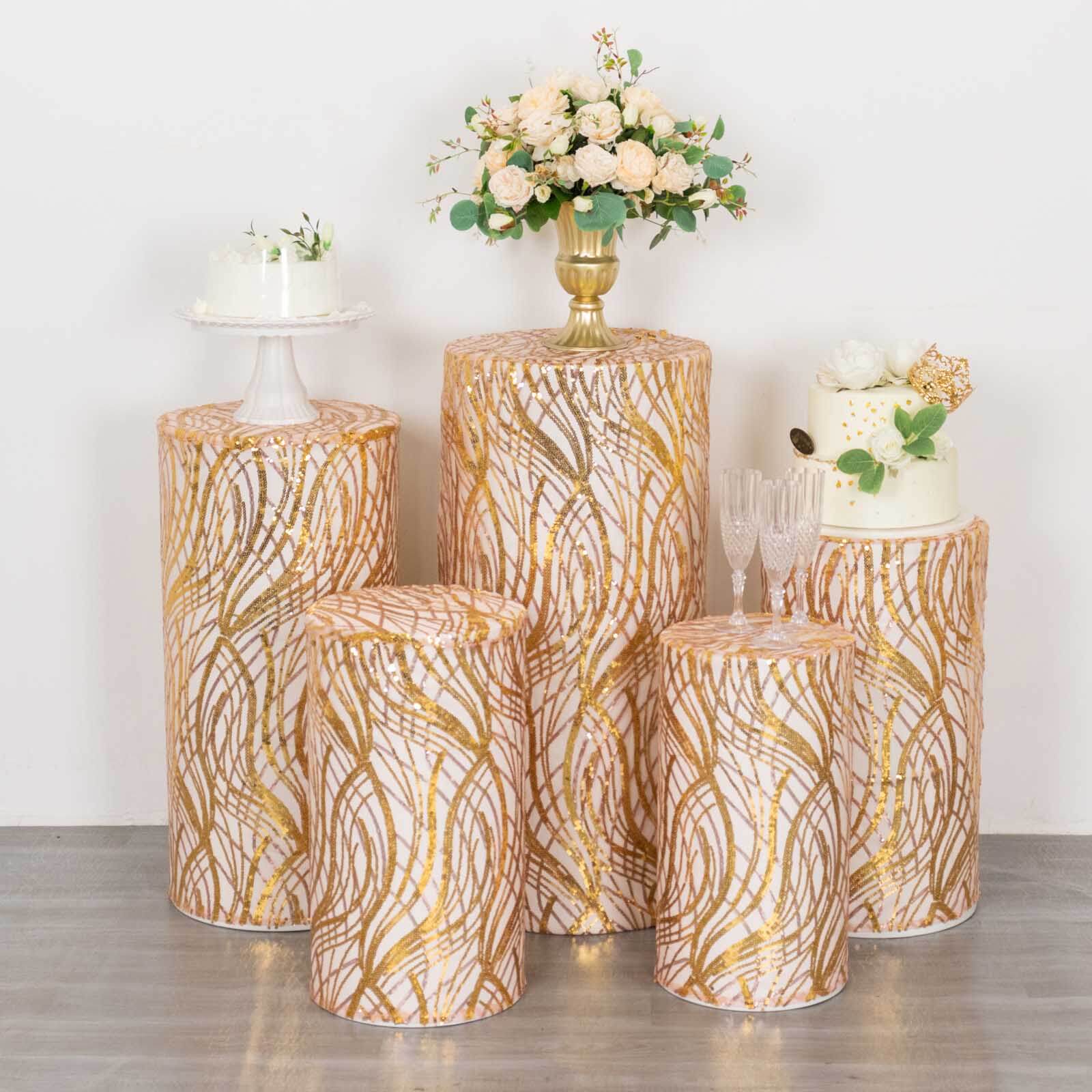 Set of 5 Rose Gold Wave Mesh Cylinder Pillar Prop Covers with Embroidered Sequins, Premium Pedestal Stand Covers - 160 GSM - Image 5