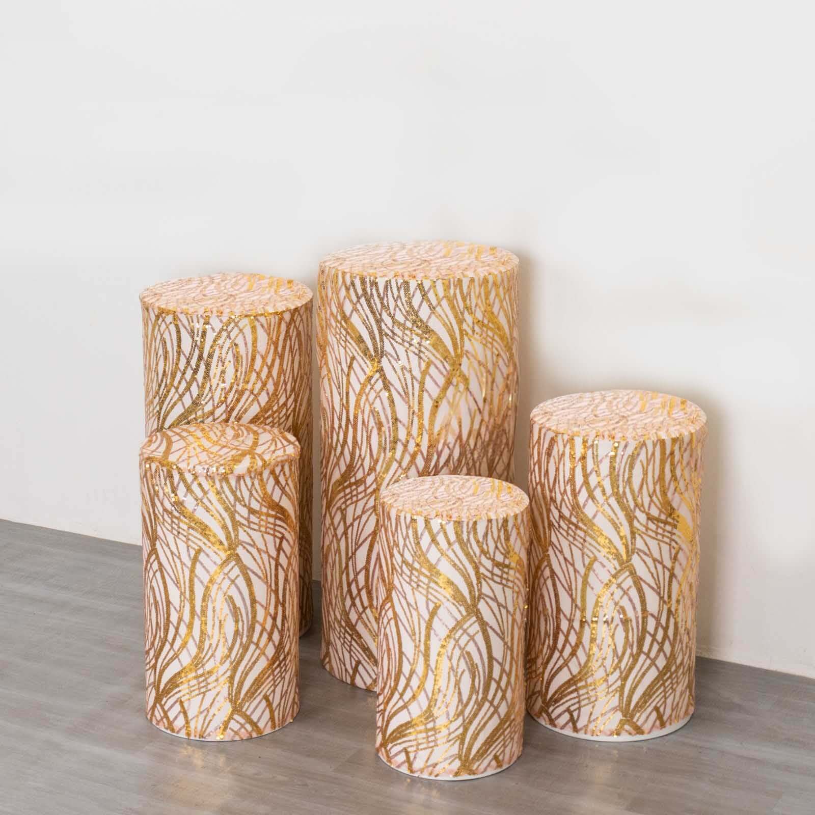Set of 5 Rose Gold Wave Mesh Cylinder Pillar Prop Covers with Embroidered Sequins, Premium Pedestal Stand Covers - 160 GSM - Image 6
