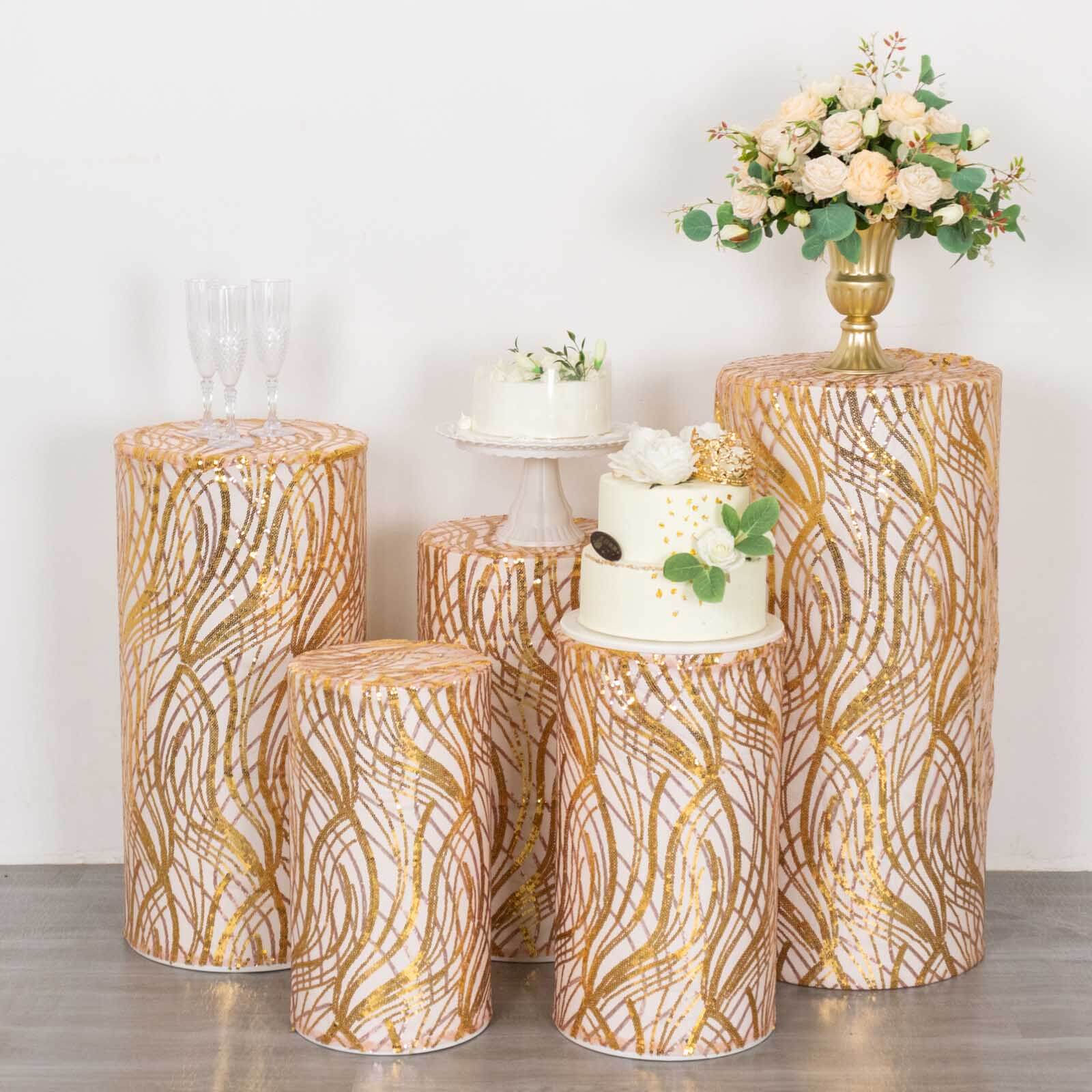 Set of 5 Rose Gold Wave Mesh Cylinder Pillar Prop Covers with Embroidered Sequins, Premium Pedestal Stand Covers - 160 GSM - Image 8