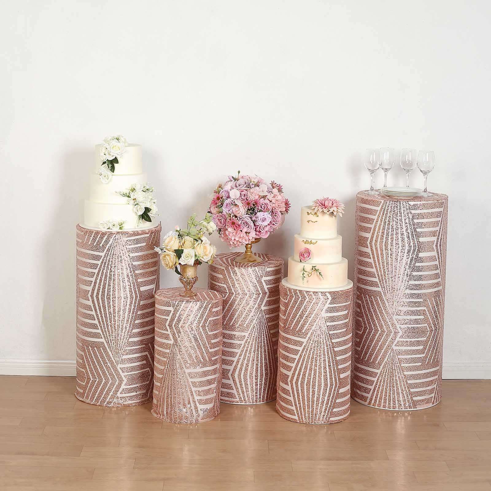 Set of 5 Rose Sequin Mesh Cylinder Pillar Prop Covers with Geometric Pattern Embroidery, Sparkly Sheer Tulle Pedestal Stand Covers - Image 4