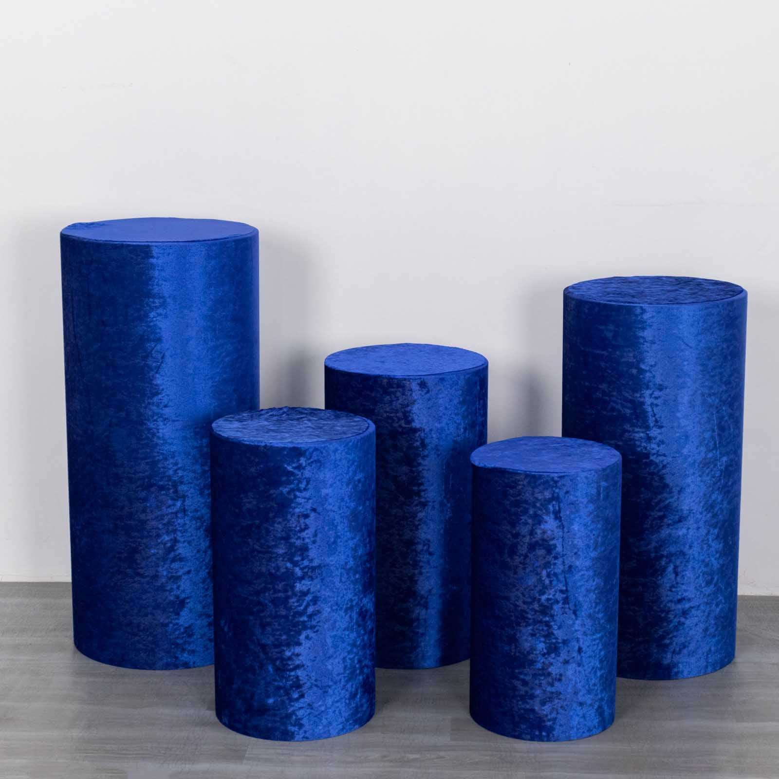 Set of 5 Royal Blue Crushed Velvet Cylinder Pillar Prop Covers, Premium Pedestal Stand Covers - Image 2