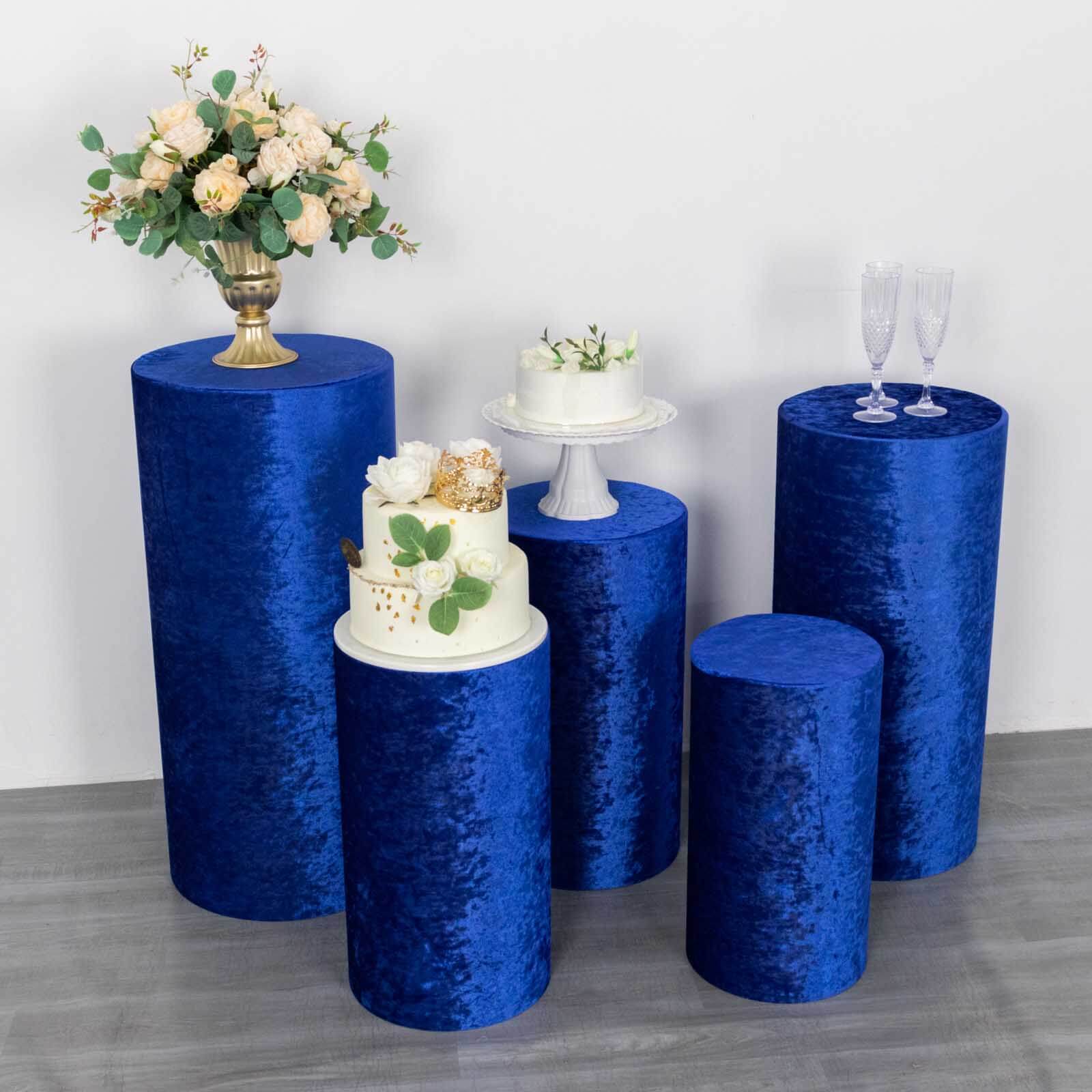 Set of 5 Royal Blue Crushed Velvet Cylinder Pillar Prop Covers, Premium Pedestal Stand Covers - Image 6