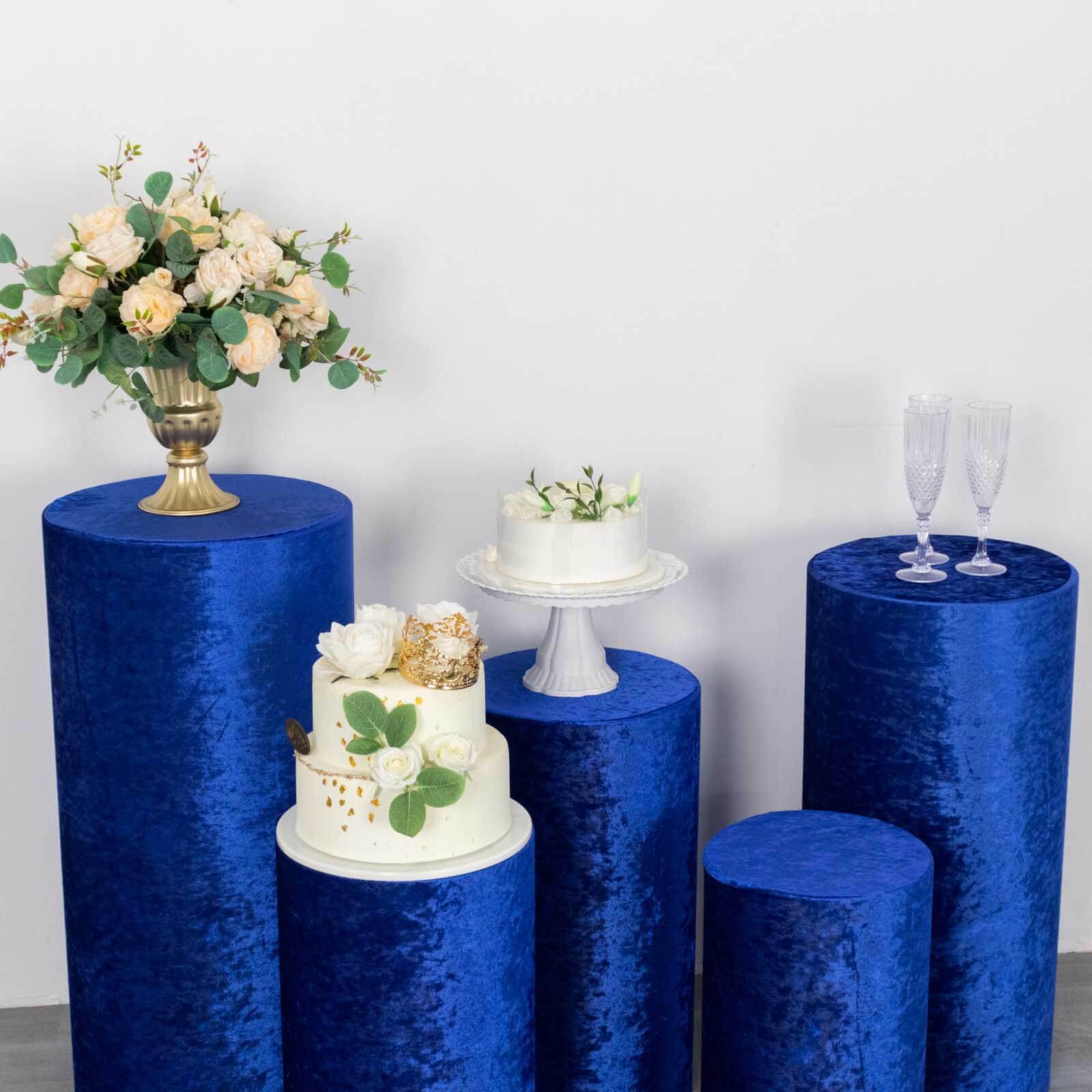 Set of 5 Royal Blue Crushed Velvet Cylinder Pillar Prop Covers, Premium Pedestal Stand Covers - Image 7