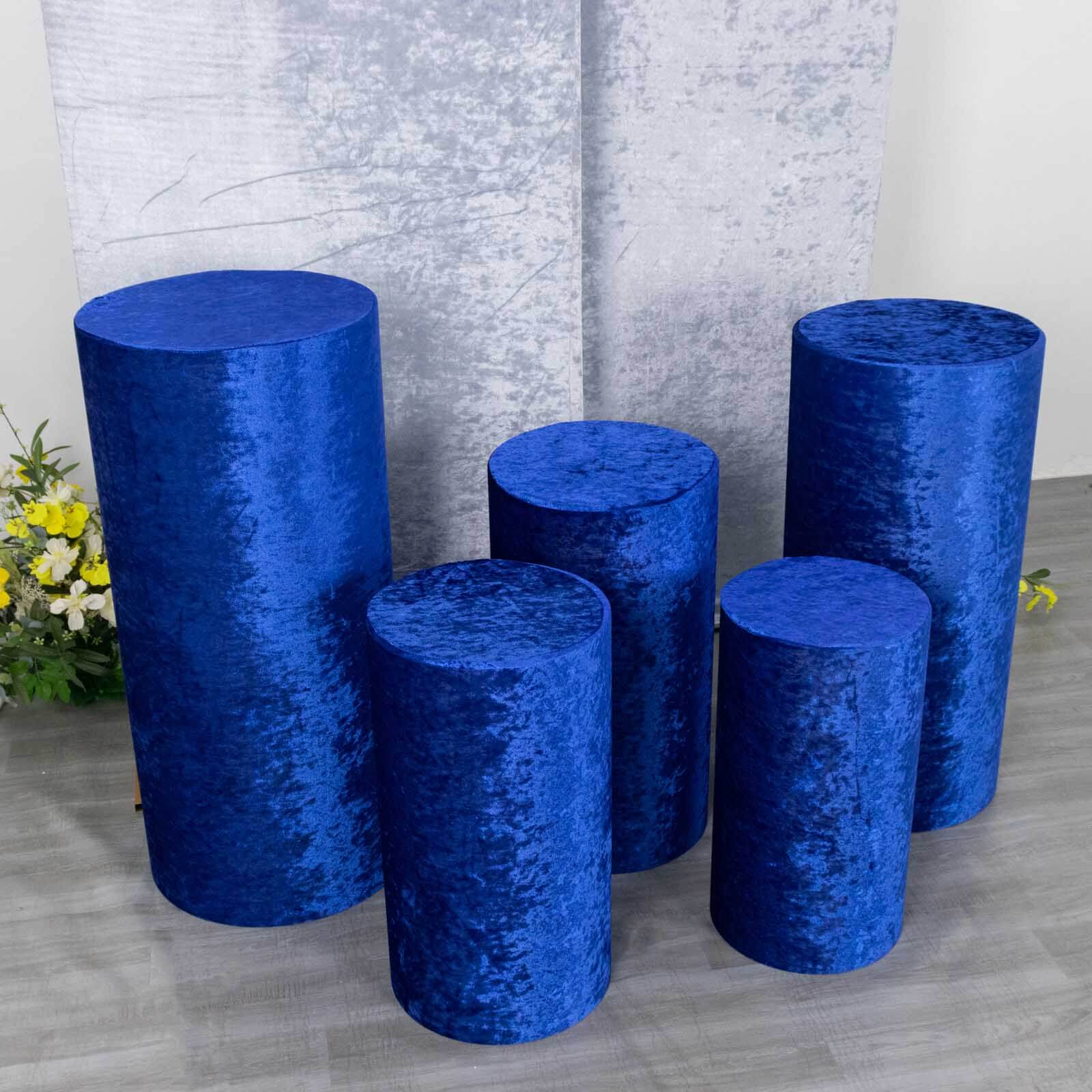 Set of 5 Royal Blue Crushed Velvet Cylinder Pillar Prop Covers, Premium Pedestal Stand Covers - Image 8