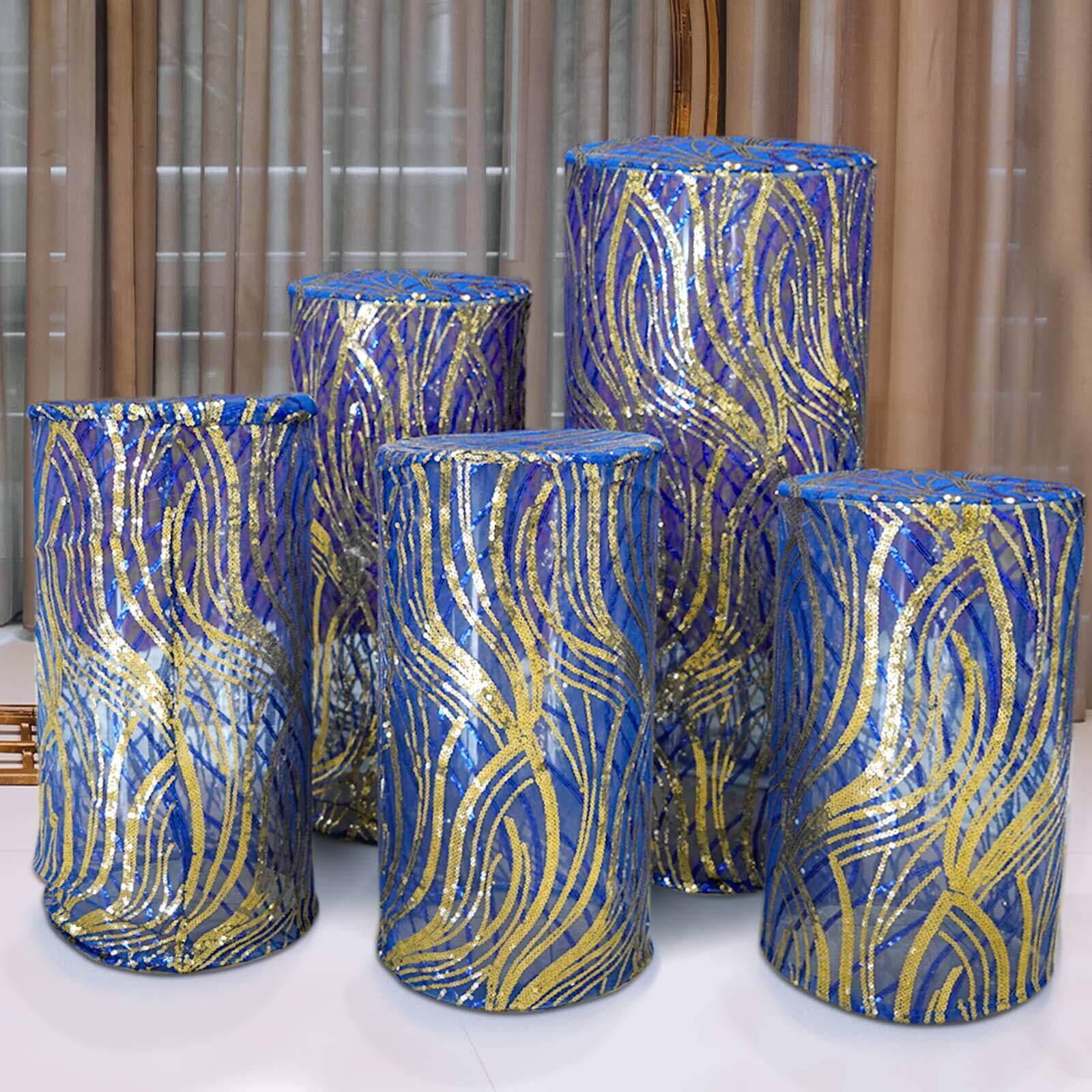 Set of 5 Royal Blue Wave Mesh Cylinder Pillar Prop Covers with Embroidered Sequins, Premium Pedestal Stand Covers - 160 GSM