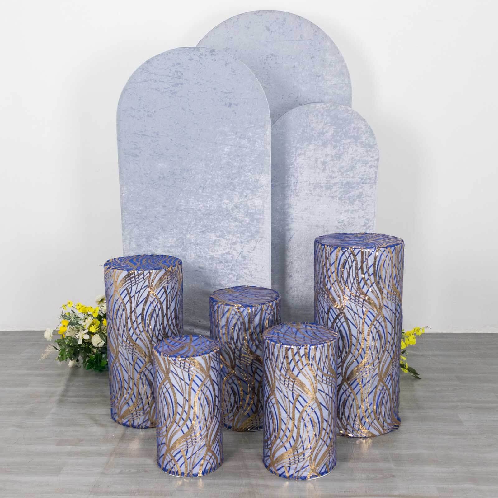 Set of 5 Royal Blue Wave Mesh Cylinder Pillar Prop Covers with Embroidered Sequins, Premium Pedestal Stand Covers - 160 GSM - Image 12