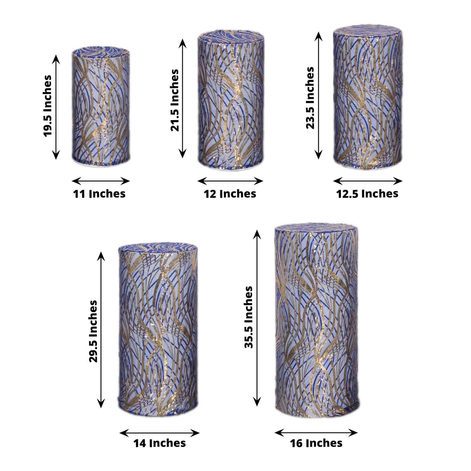 Set of 5 Royal Blue Wave Mesh Cylinder Pillar Prop Covers with Embroidered Sequins, Premium Pedestal Stand Covers - 160 GSM - Image 3
