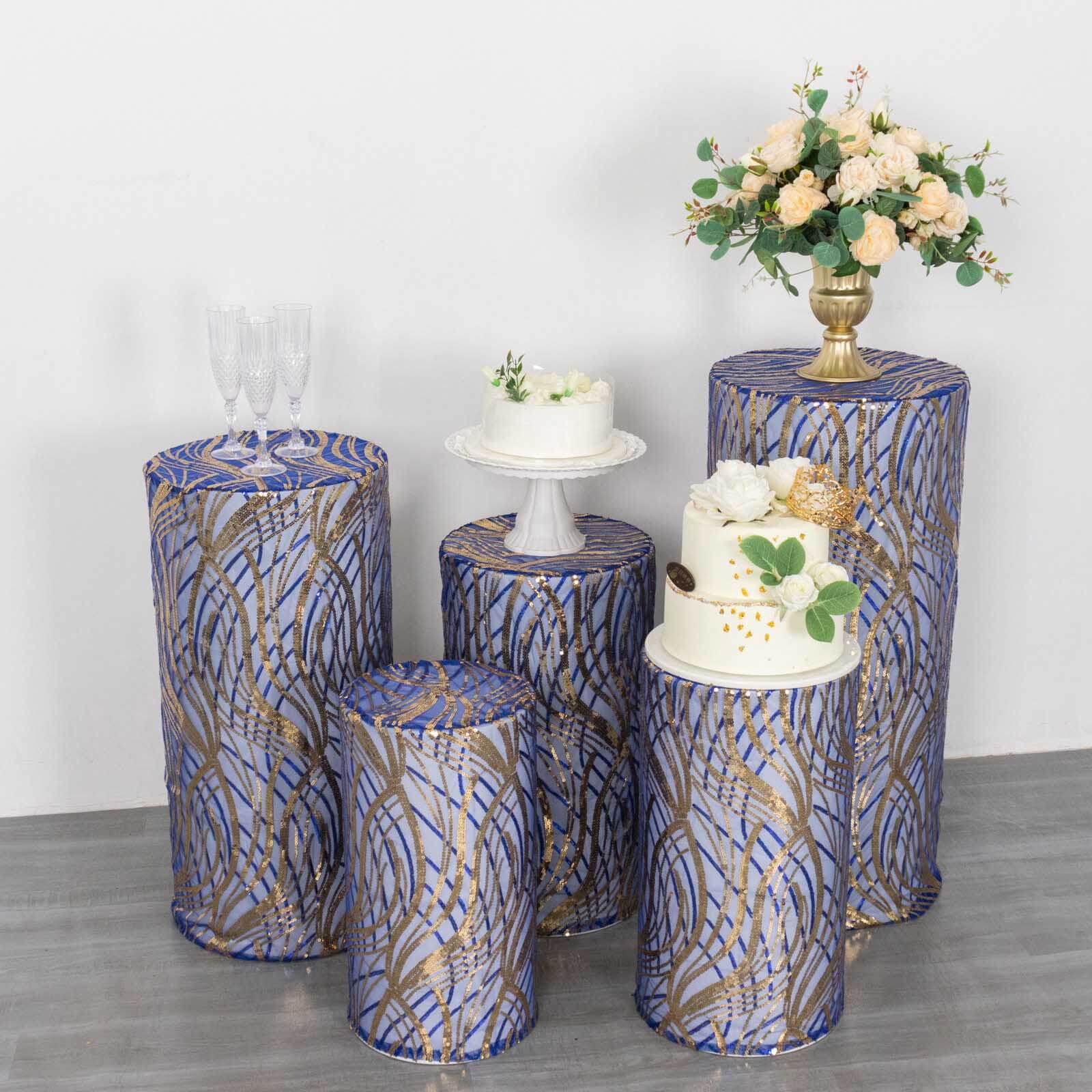 Set of 5 Royal Blue Wave Mesh Cylinder Pillar Prop Covers with Embroidered Sequins, Premium Pedestal Stand Covers - 160 GSM - Image 4