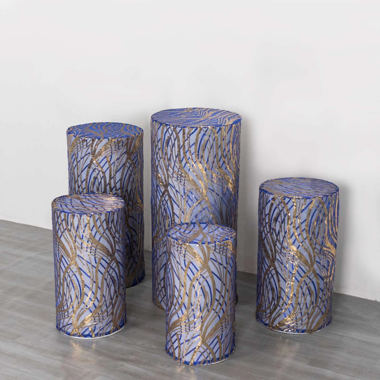 Set of 5 Royal Blue Wave Mesh Cylinder Pillar Prop Covers with Embroidered Sequins, Premium Pedestal Stand Covers - 160 GSM - Image 5