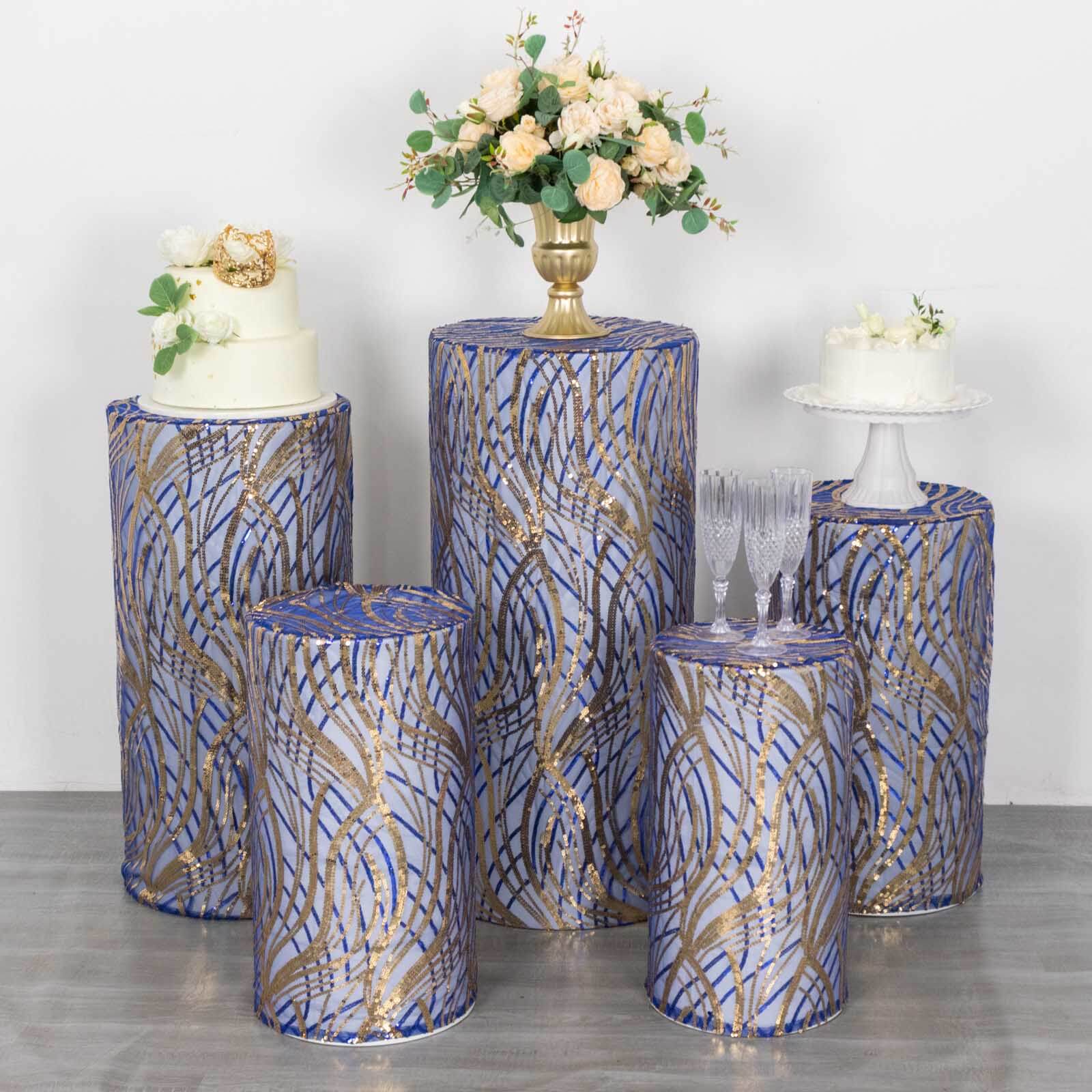 Set of 5 Royal Blue Wave Mesh Cylinder Pillar Prop Covers with Embroidered Sequins, Premium Pedestal Stand Covers - 160 GSM - Image 6