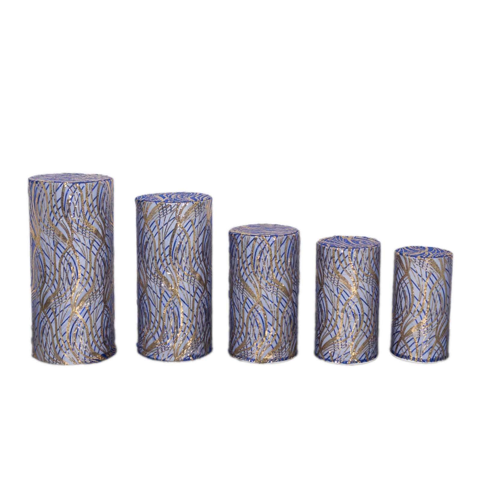 Set of 5 Royal Blue Wave Mesh Cylinder Pillar Prop Covers with Embroidered Sequins, Premium Pedestal Stand Covers - 160 GSM - Image 7