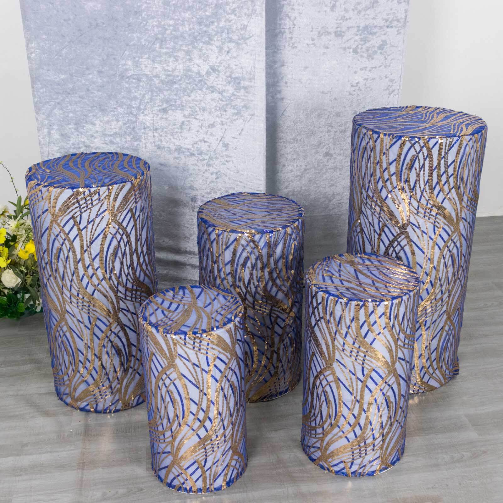 Set of 5 Royal Blue Wave Mesh Cylinder Pillar Prop Covers with Embroidered Sequins, Premium Pedestal Stand Covers - 160 GSM - Image 8