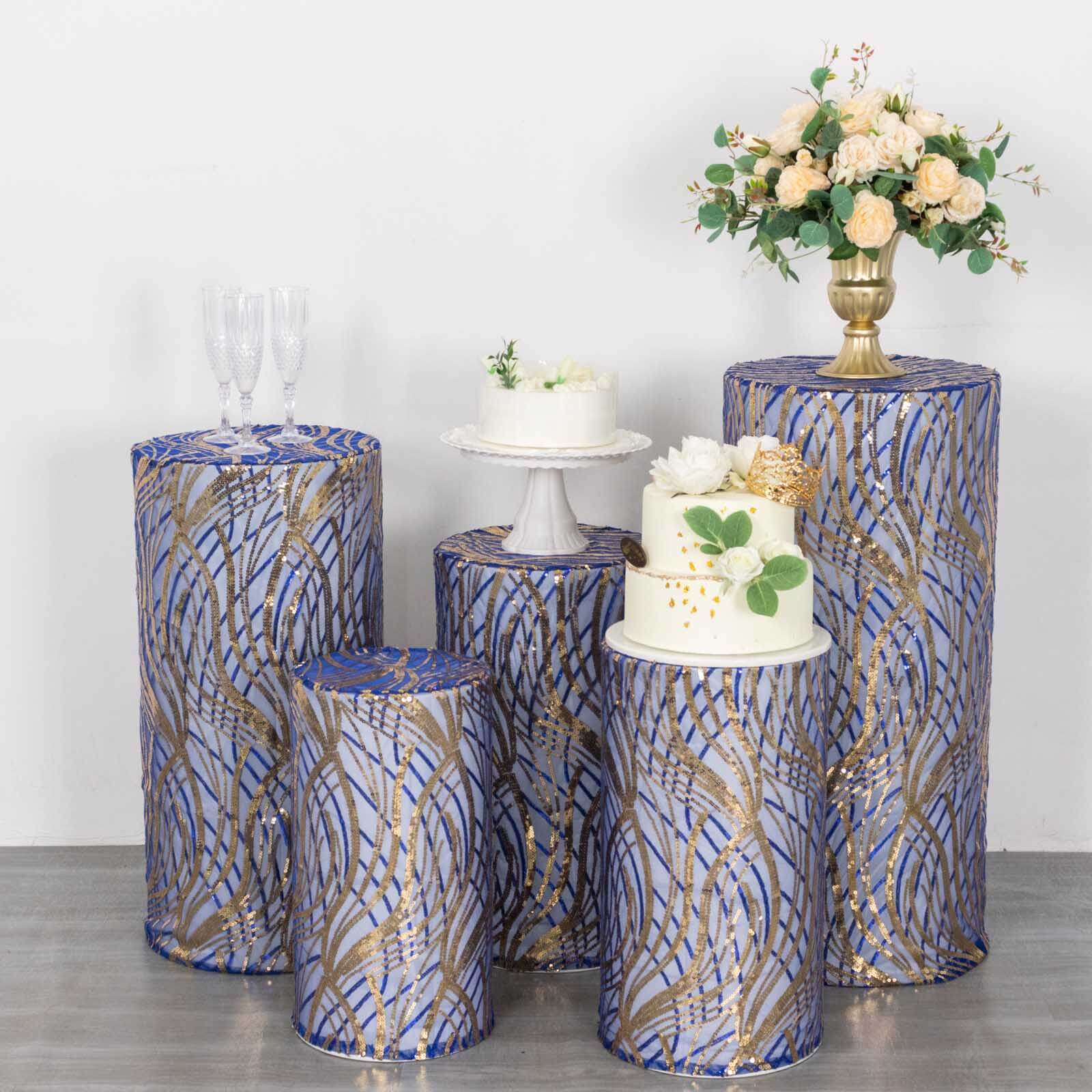Set of 5 Royal Blue Wave Mesh Cylinder Pillar Prop Covers with Embroidered Sequins, Premium Pedestal Stand Covers - 160 GSM - Image 9
