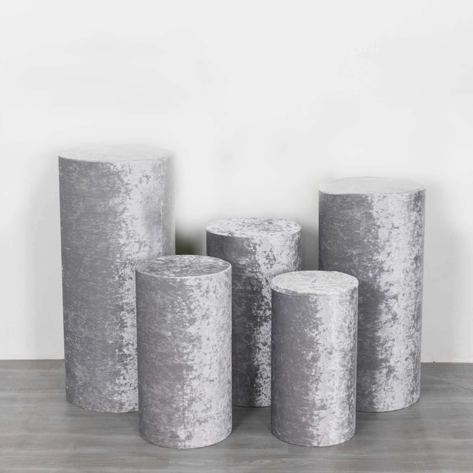 Set of 5 Silver Crushed Velvet Cylinder Pillar Prop Covers, Premium Pedestal Stand Covers