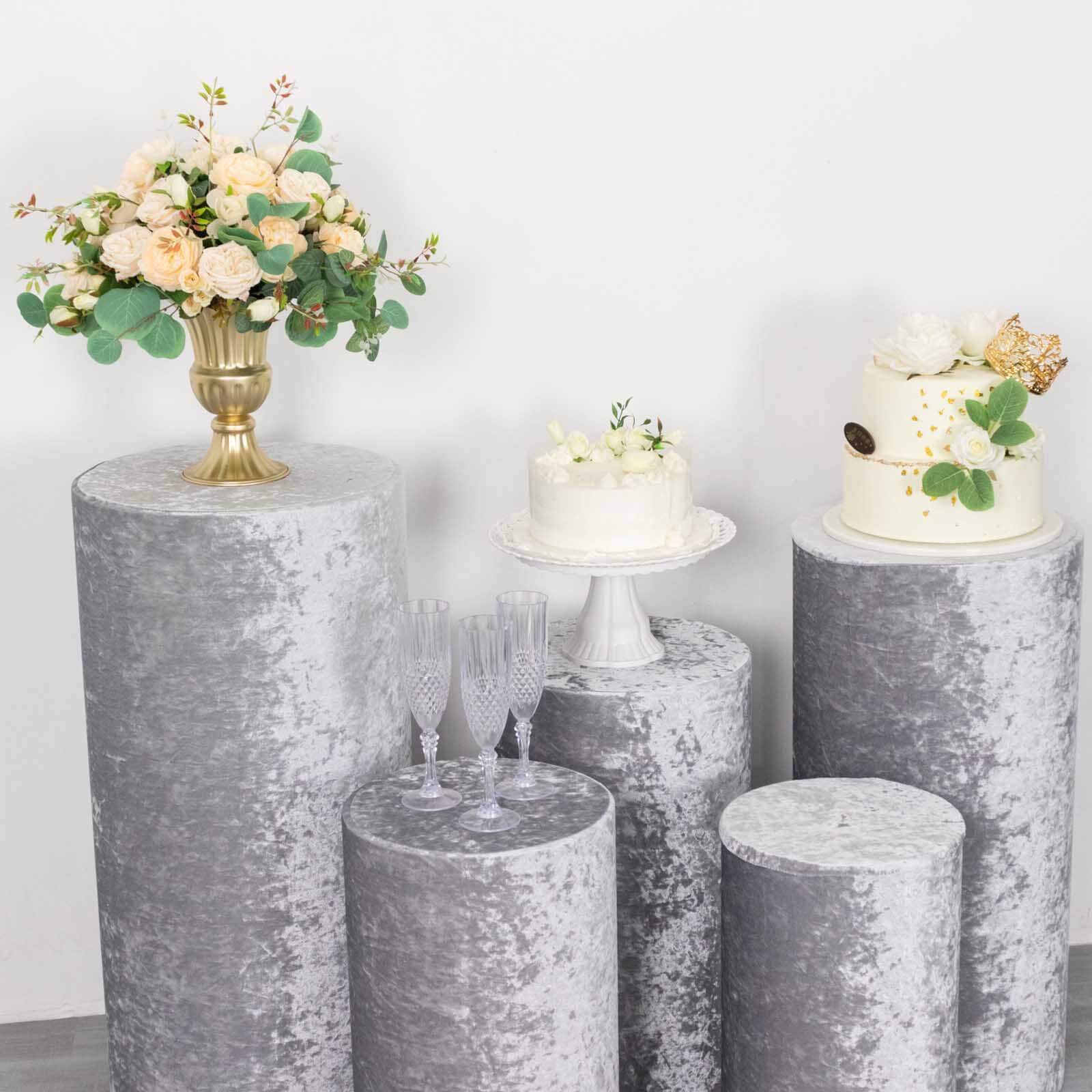 Set of 5 Silver Crushed Velvet Cylinder Pillar Prop Covers, Premium Pedestal Stand Covers - Image 6