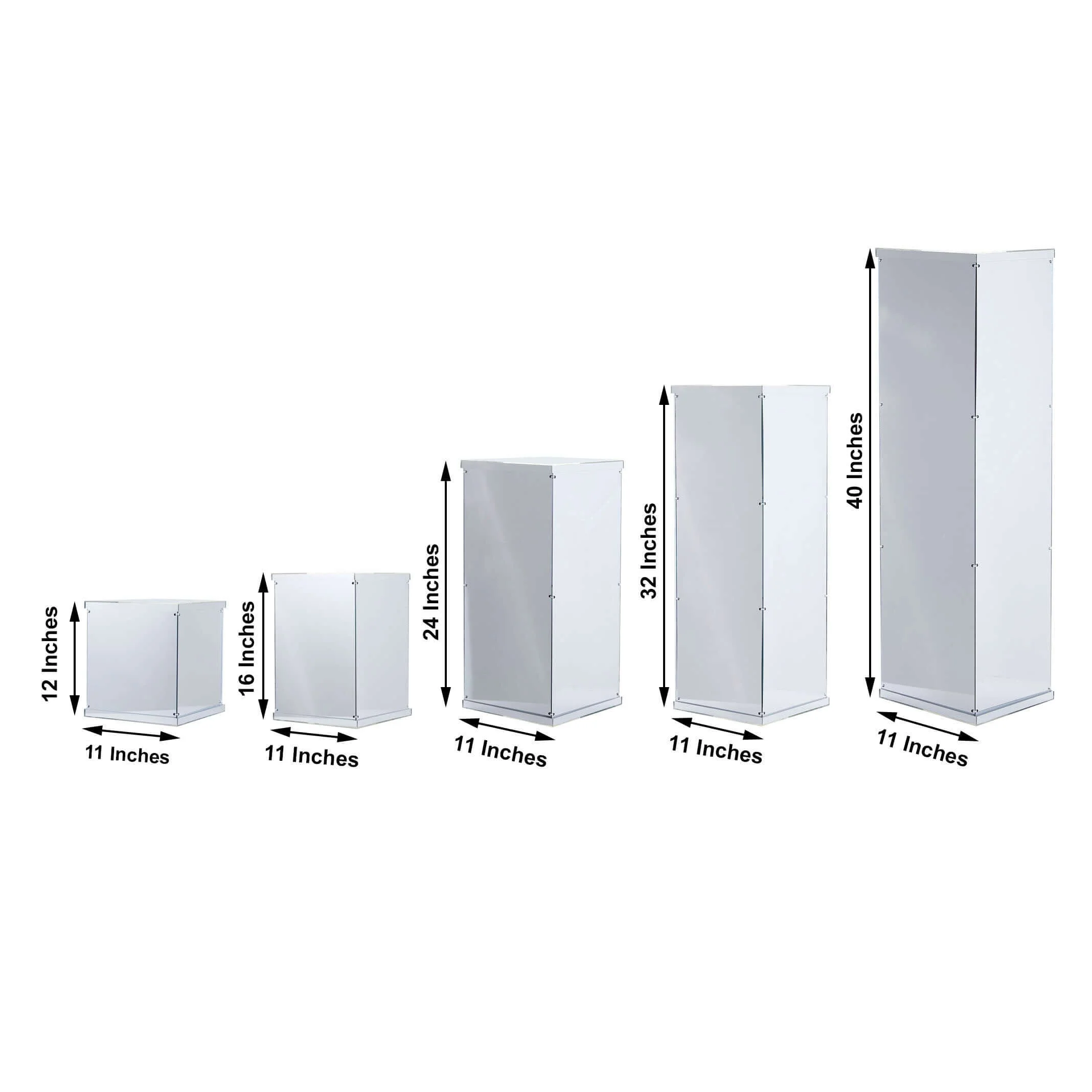 Set of 5 Silver Mirror Finish Acrylic Pedestal Risers, Display Boxes with Interchangeable Lid and Base 12",16",24",32",40" - Image 3