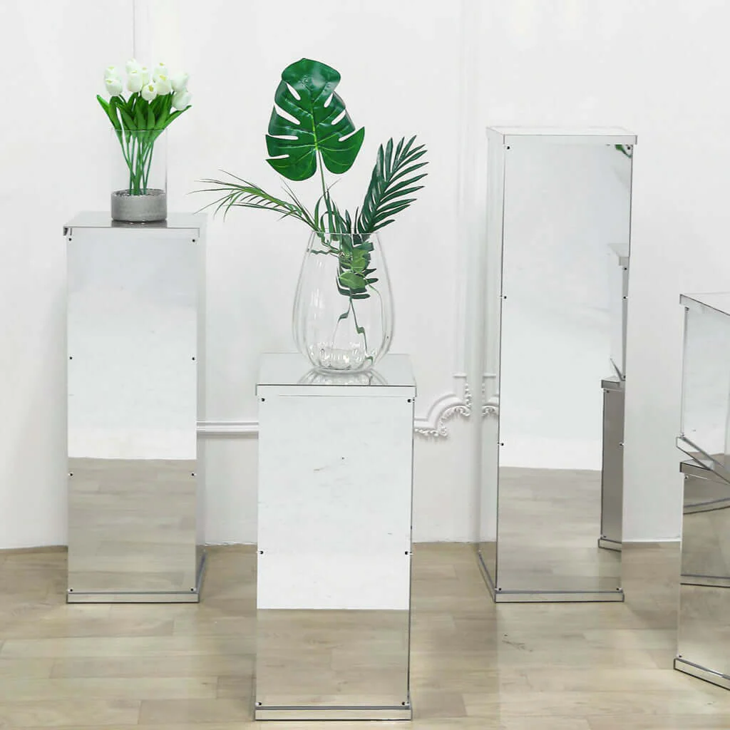 Set of 5 Silver Mirror Finish Acrylic Pedestal Risers, Display Boxes with Interchangeable Lid and Base 12",16",24",32",40" - Image 8