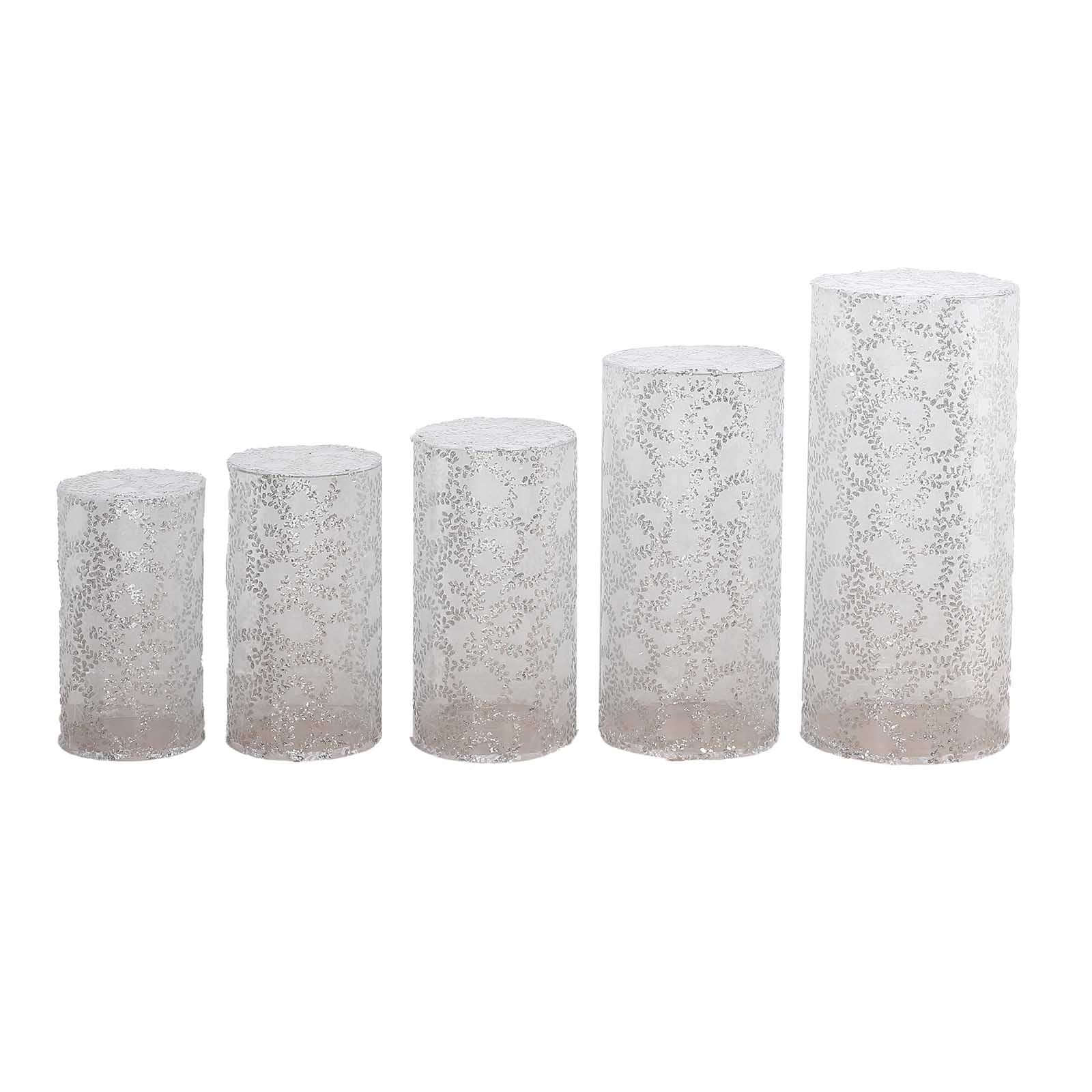 Set of 5 Silver Sequin Mesh Cylinder Pillar Prop Covers with Leaf Vine Embroidery, Sparkly Sheer Tulle Pedestal Stand Covers - Image 12