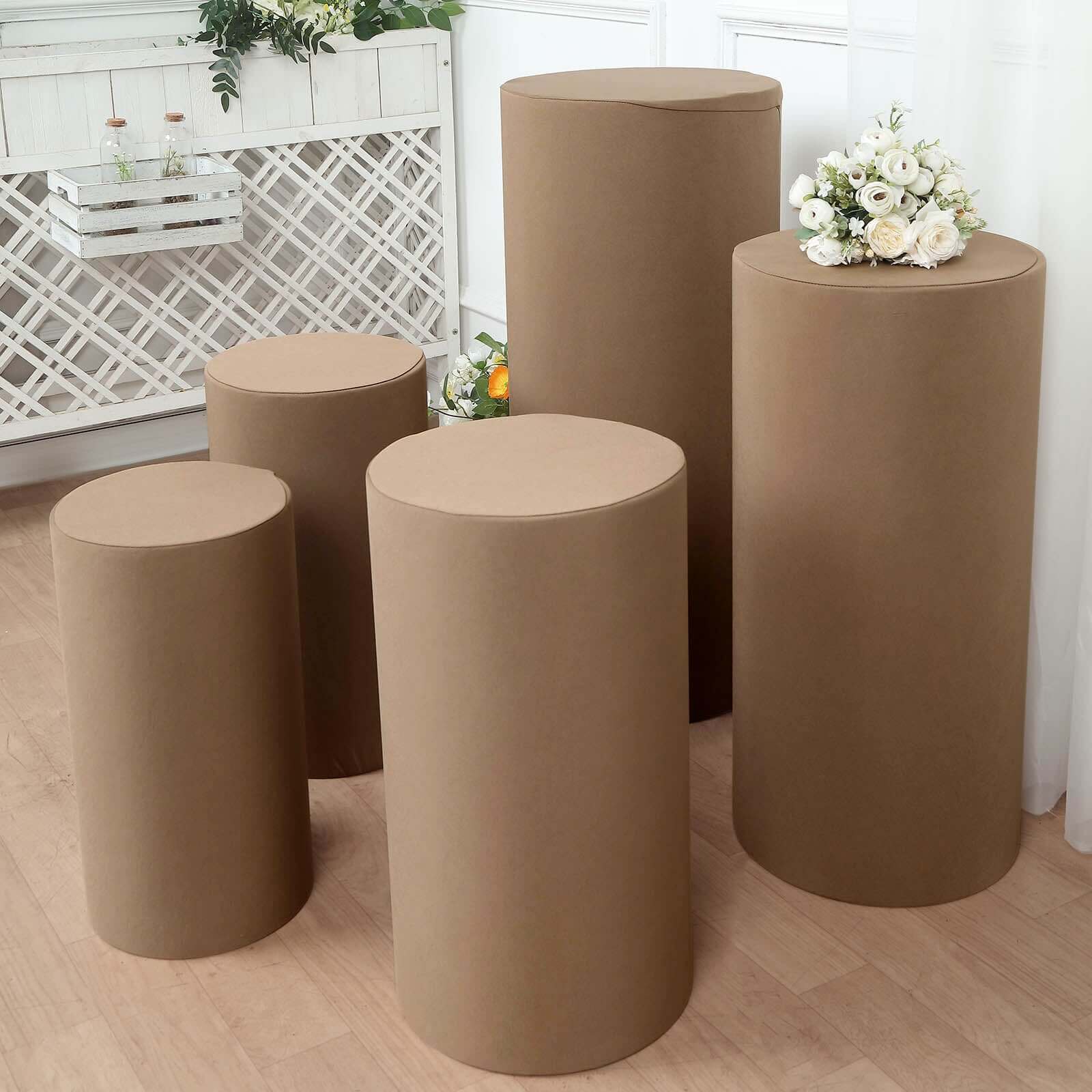 Set of 5 Taupe Spandex Cylinder Pillar Prop Covers, Stretchable Pedestal Stand Covers - 160 GSM - Image 2