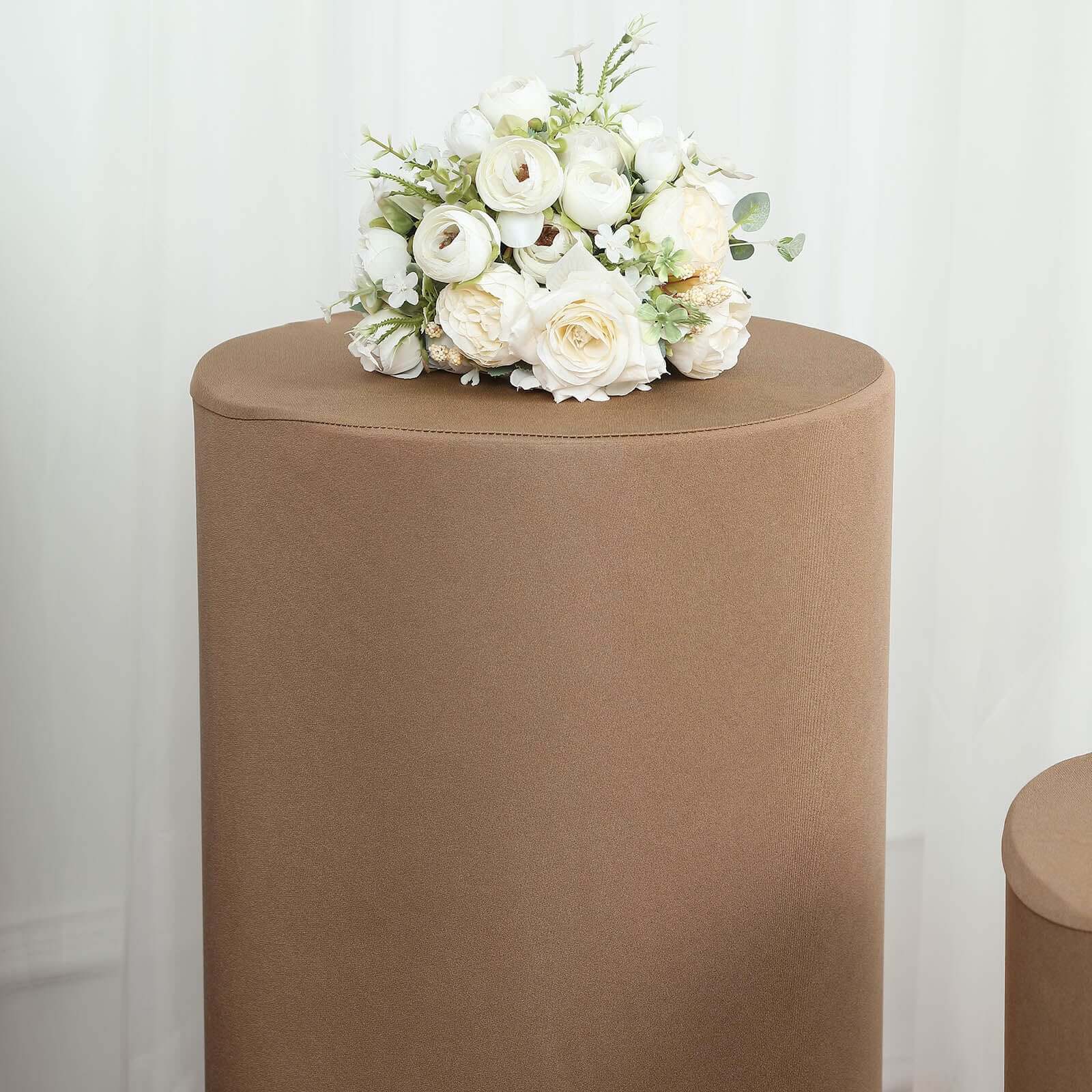 Set of 5 Taupe Spandex Cylinder Pillar Prop Covers, Stretchable Pedestal Stand Covers - 160 GSM - Image 5