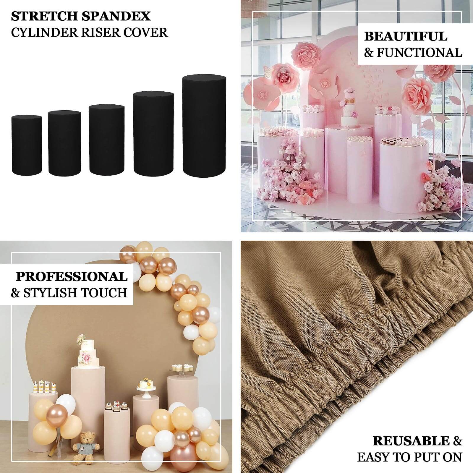 Set of 5 Taupe Spandex Cylinder Pillar Prop Covers, Stretchable Pedestal Stand Covers - 160 GSM - Image 6