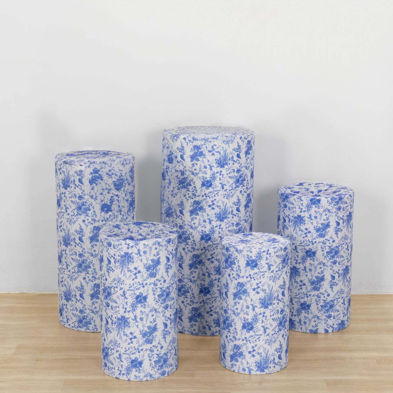 Set of 5 White Blue Spandex Cylinder Pillar Prop Covers in French Toile Floral Pattern, Stretchable Pedestal Stand Covers - 160 GSM