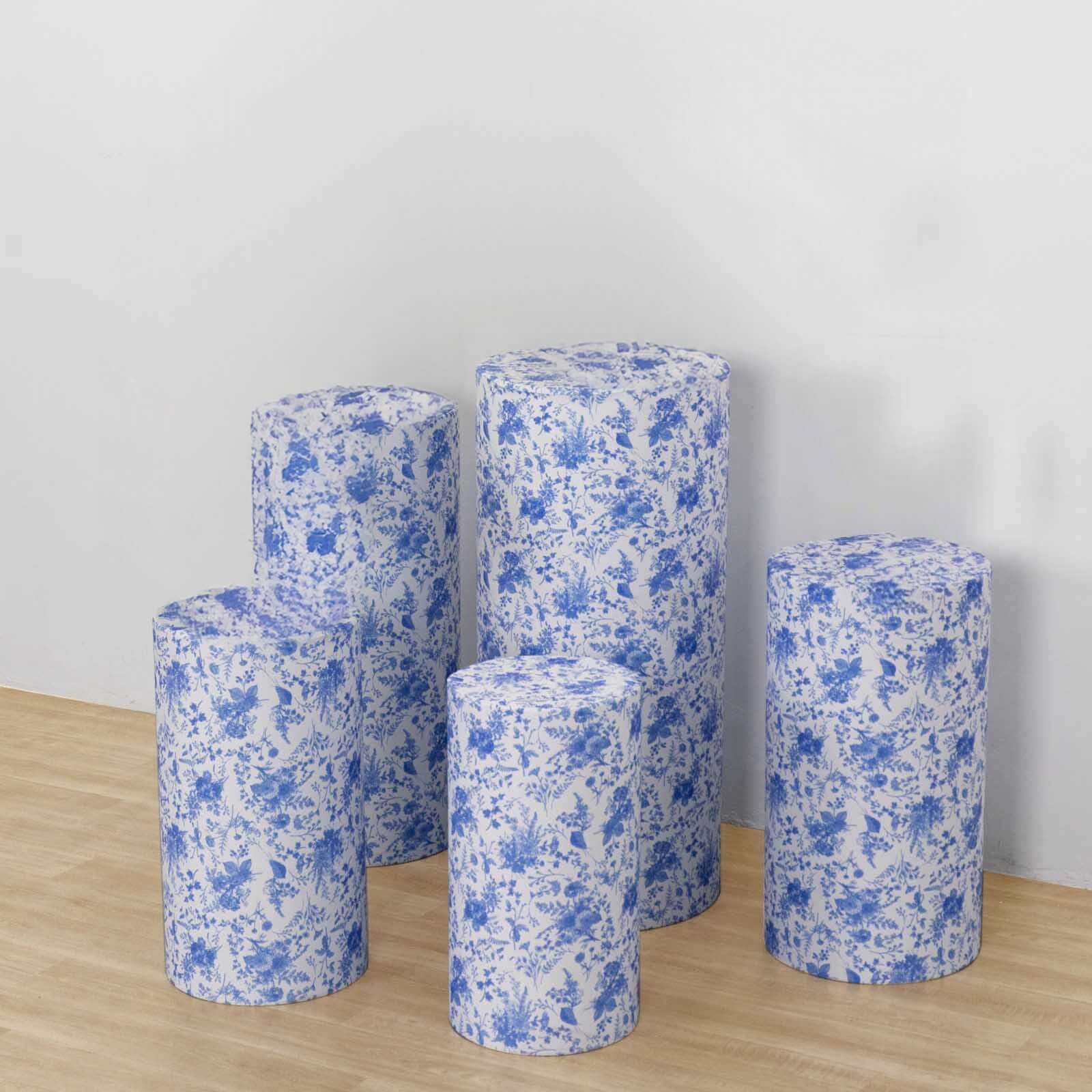 Set of 5 White Blue Spandex Cylinder Pillar Prop Covers in French Toile Floral Pattern, Stretchable Pedestal Stand Covers - 160 GSM - Image 4