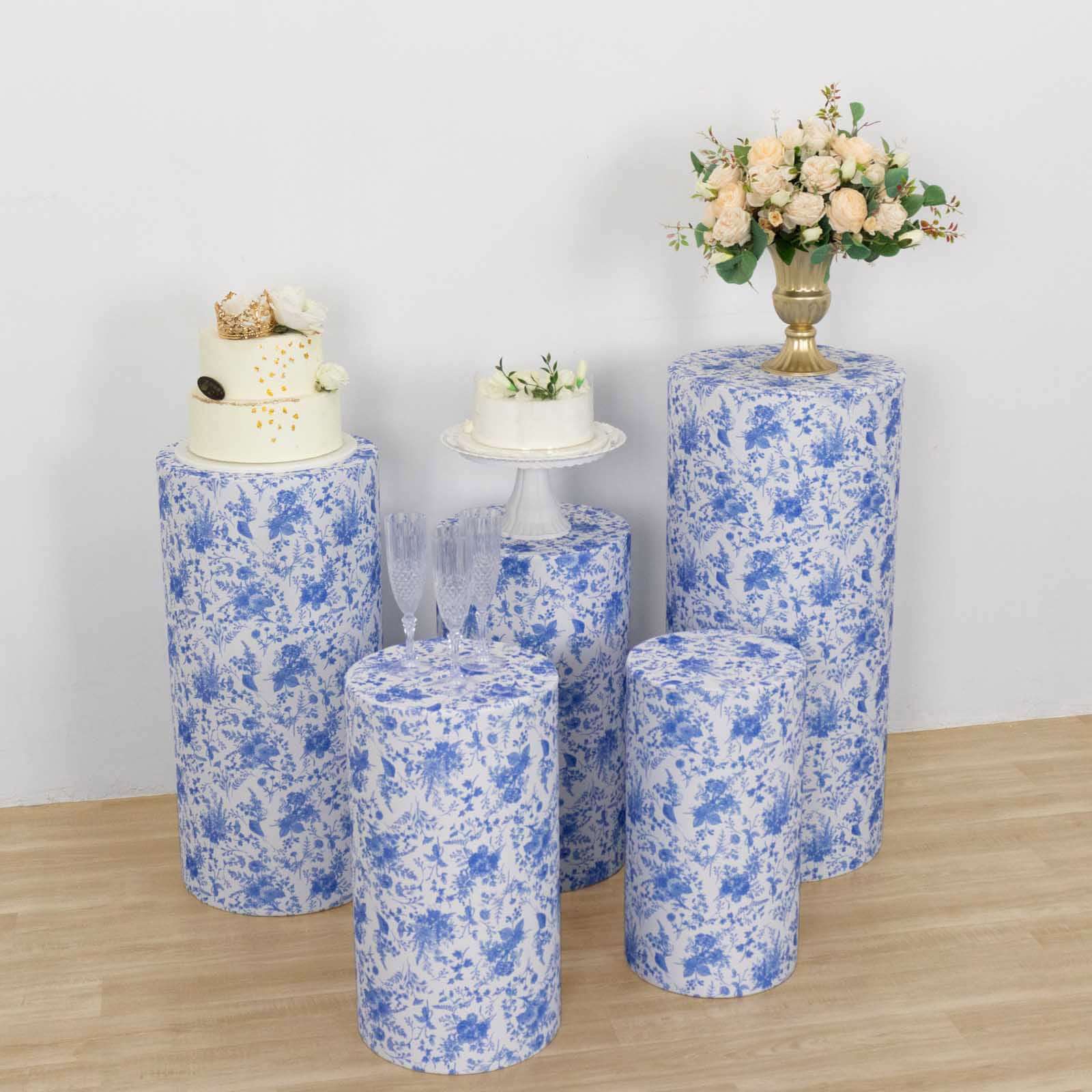 Set of 5 White Blue Spandex Cylinder Pillar Prop Covers in French Toile Floral Pattern, Stretchable Pedestal Stand Covers - 160 GSM - Image 6