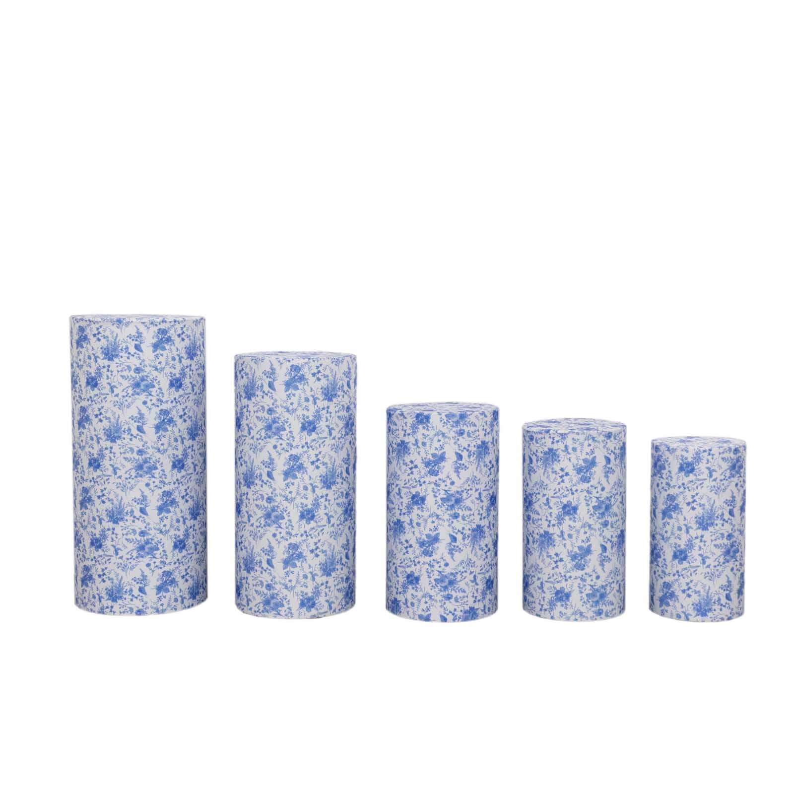 Set of 5 White Blue Spandex Cylinder Pillar Prop Covers in French Toile Floral Pattern, Stretchable Pedestal Stand Covers - 160 GSM - Image 7