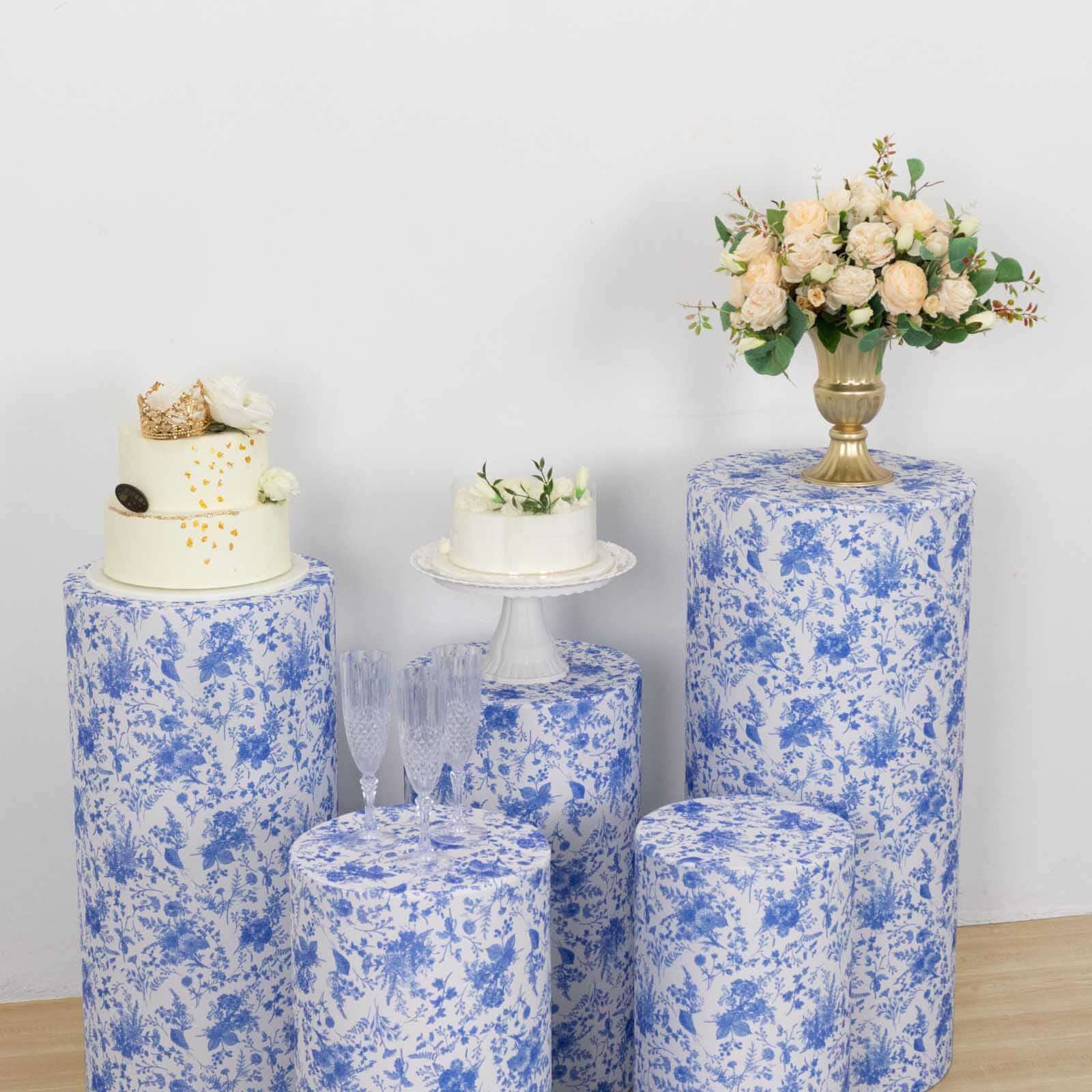 Set of 5 White Blue Spandex Cylinder Pillar Prop Covers in French Toile Floral Pattern, Stretchable Pedestal Stand Covers - 160 GSM - Image 8