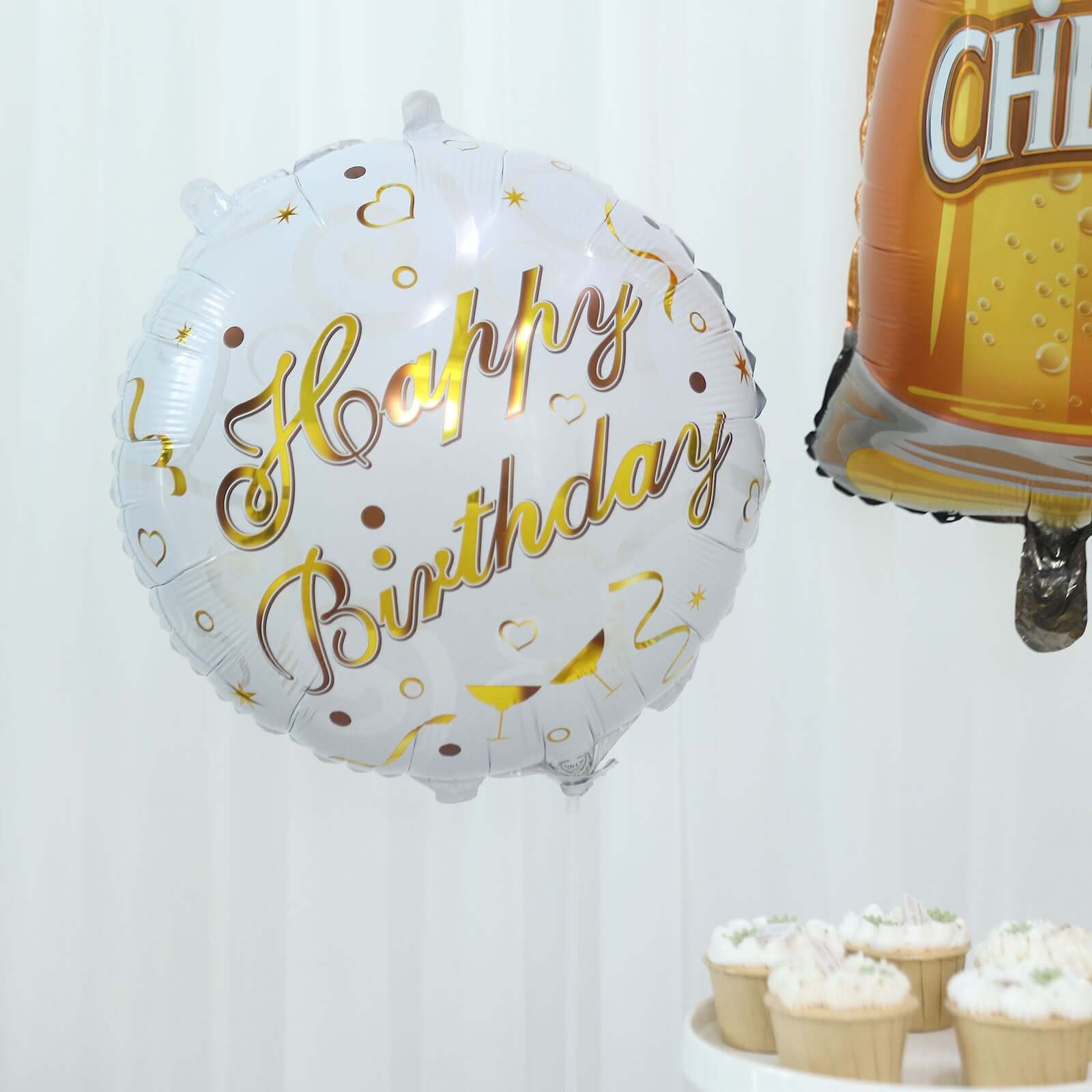Set of 5 White/Gold Round Happy Birthday Mylar Foil Helium Balloon Set, Cheers Beer Mug, Star Balloon Bouquet With Ribbon Birthday Party Decorations - Image 10
