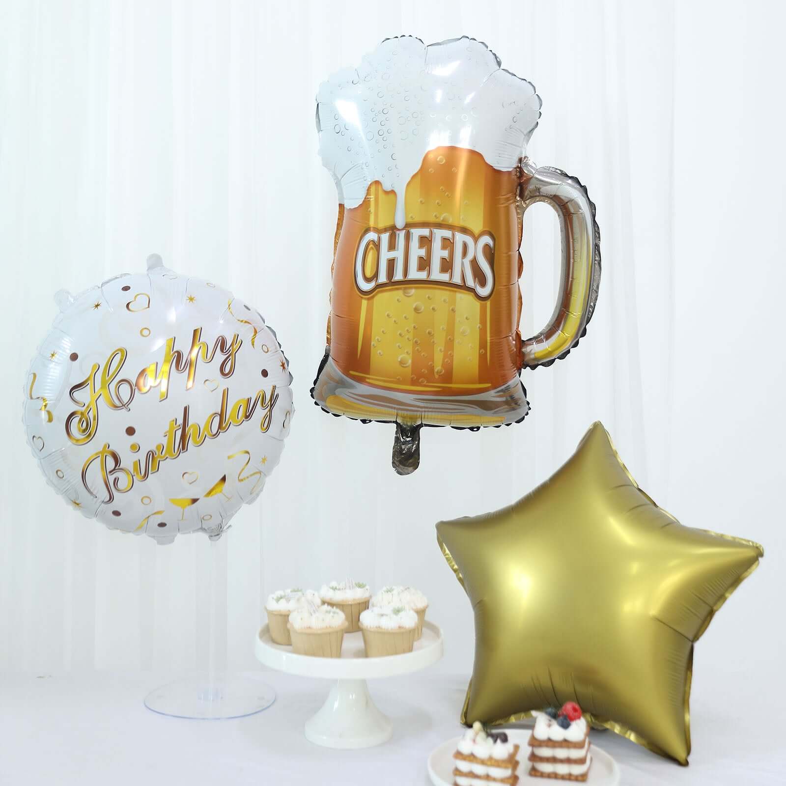 Set of 5 White/Gold Round Happy Birthday Mylar Foil Helium Balloon Set, Cheers Beer Mug, Star Balloon Bouquet With Ribbon Birthday Party Decorations - Image 9