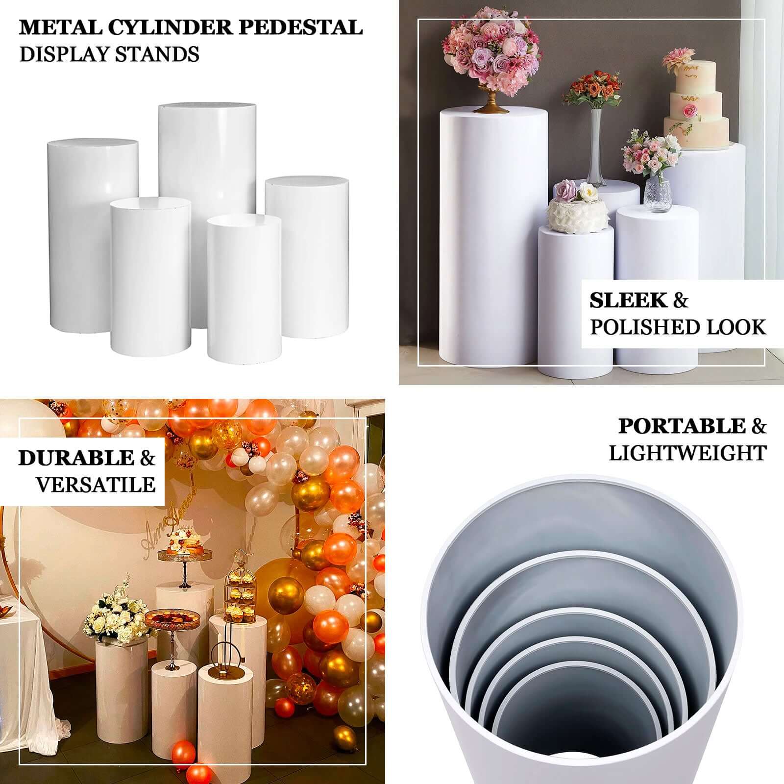 Set of 5 White Metal Cylinder Pillar Prop Stands For Wedding Aisle, Round Plinth Pedestal Display Boxes - 20",22",24",28",32" - Image 4