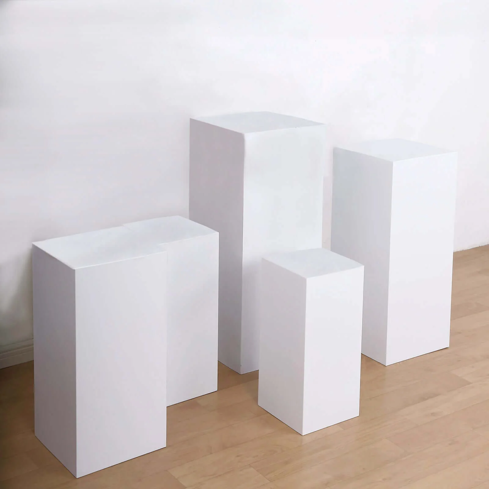 Set of 5 White Metal Rectangular Prop Pedestal Stands For Aisle Decor, Plinth Pillar Display Boxes