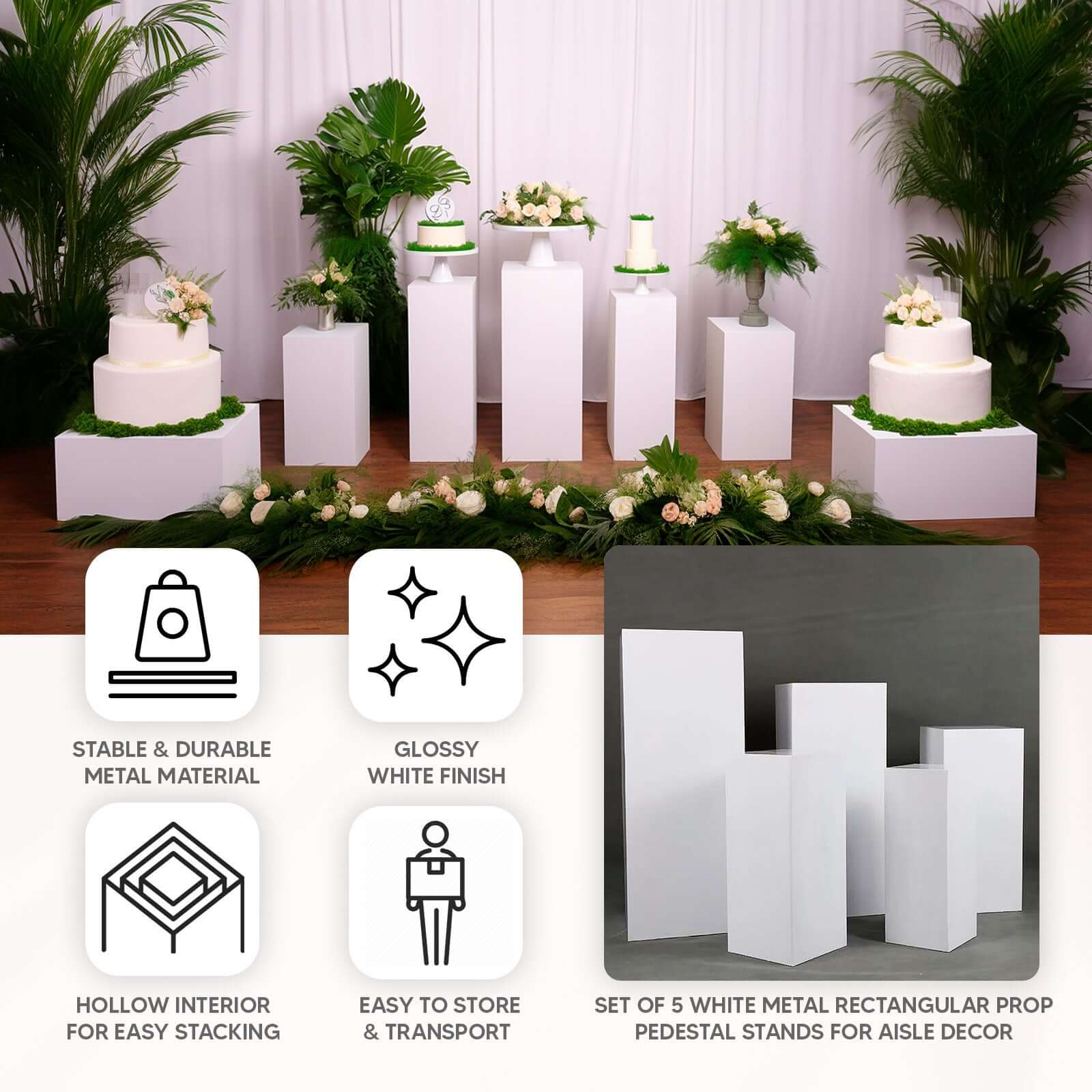 Set of 5 White Metal Rectangular Prop Pedestal Stands For Aisle Decor, Plinth Pillar Display Boxes - Image 4