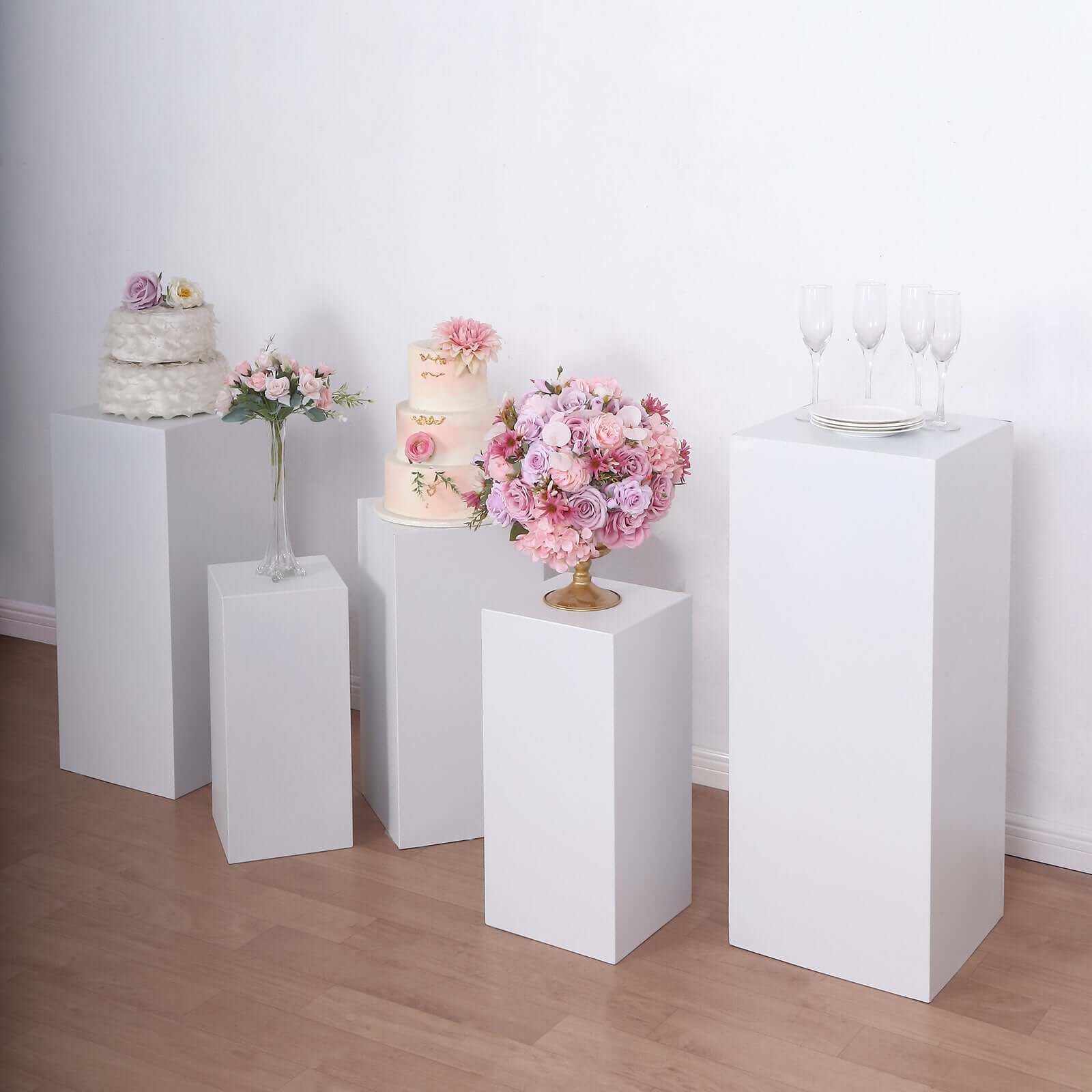 Set of 5 White Metal Rectangular Prop Pedestal Stands For Aisle Decor, Plinth Pillar Display Boxes - Image 8