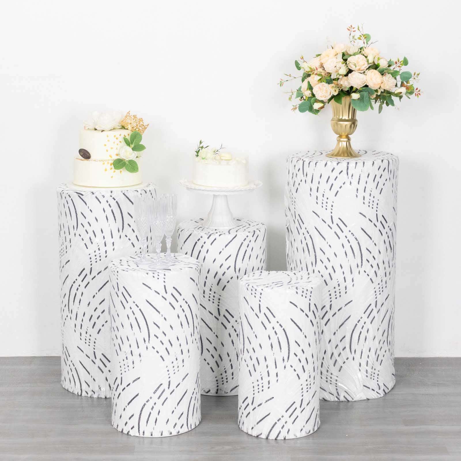 Set of 5 White Wave Mesh Cylinder Pillar Prop Covers with Embroidered Sequins, Premium Pedestal Stand Covers - 160 GSM - Image 4