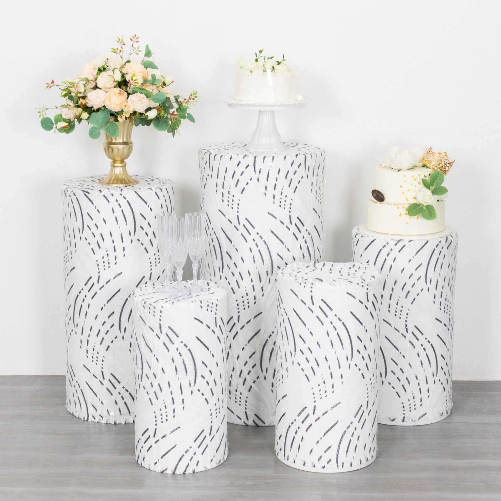 Set of 5 White Wave Mesh Cylinder Pillar Prop Covers with Embroidered Sequins, Premium Pedestal Stand Covers - 160 GSM - Image 6