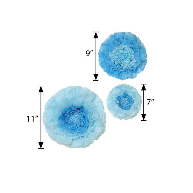Set of 6 Aqua / Blue Carnation 3D Paper Flowers Wall Decor 7",9",11" - Image 3