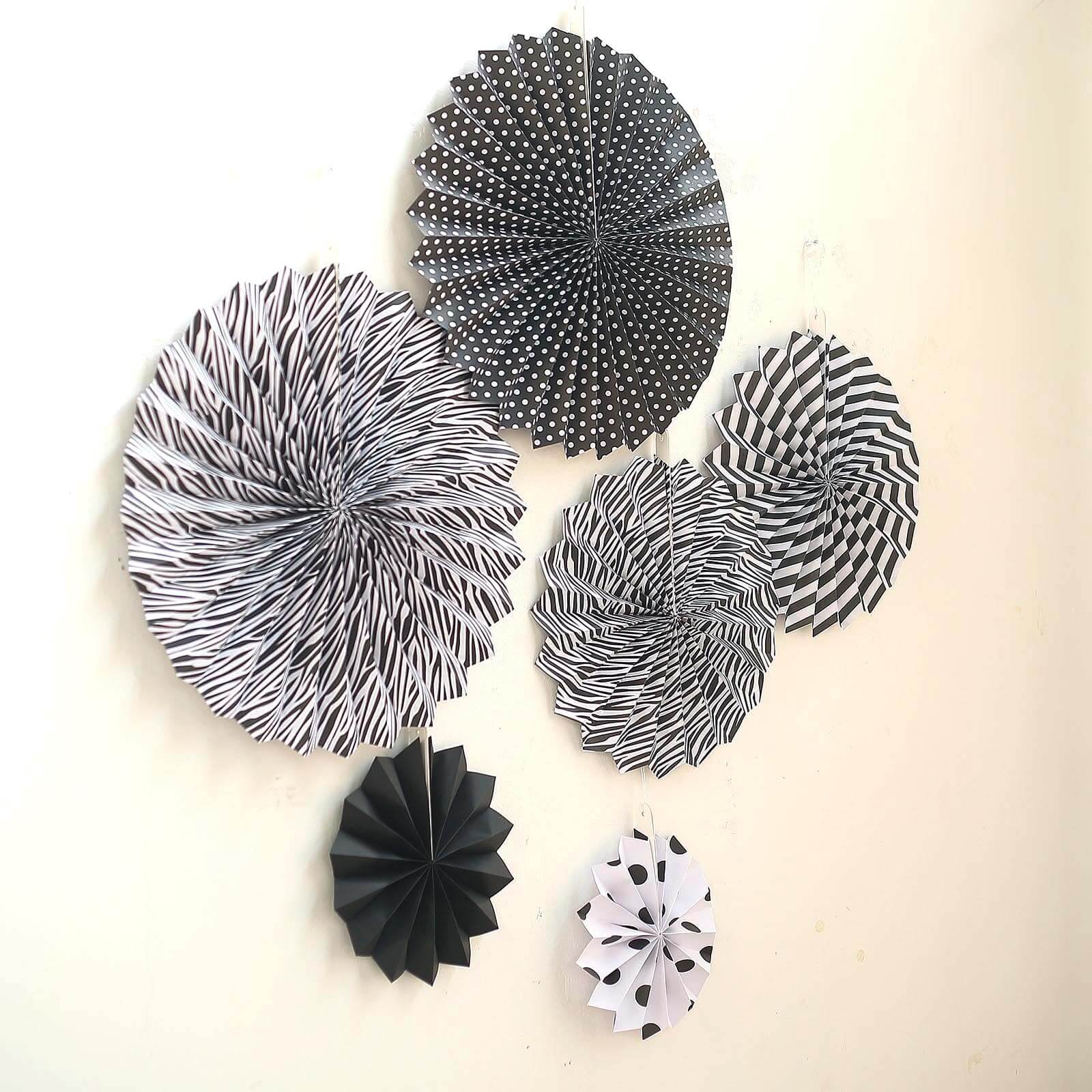 Set of 6 Black / White Hanging Paper Fan Decorations, Pinwheel Wall Backdrop Party Kit 8", 12", 16" - Image 10