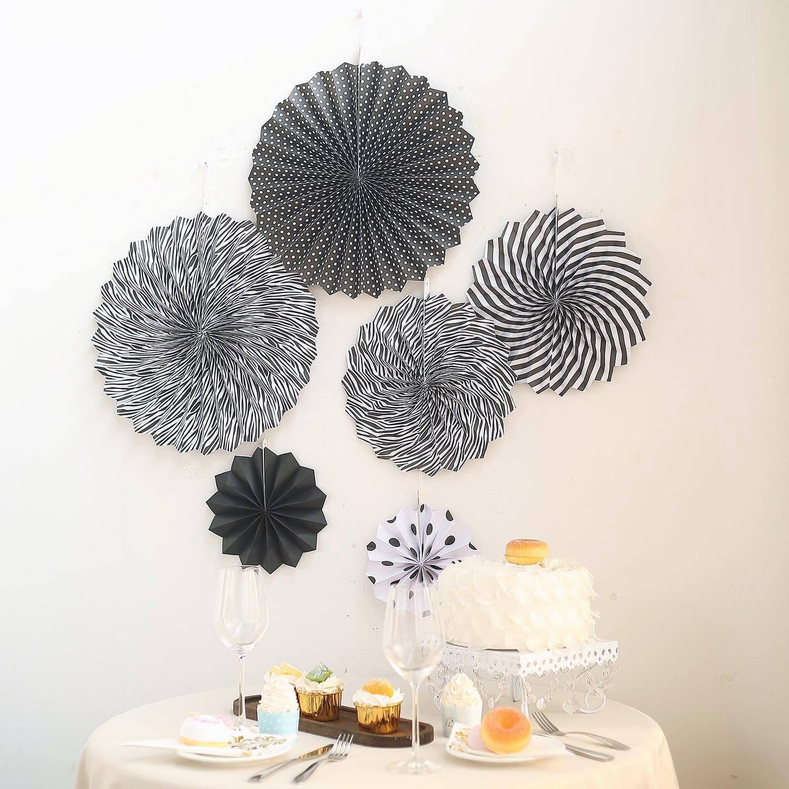 Set of 6 Black / White Hanging Paper Fan Decorations, Pinwheel Wall Backdrop Party Kit 8", 12", 16" - Image 2
