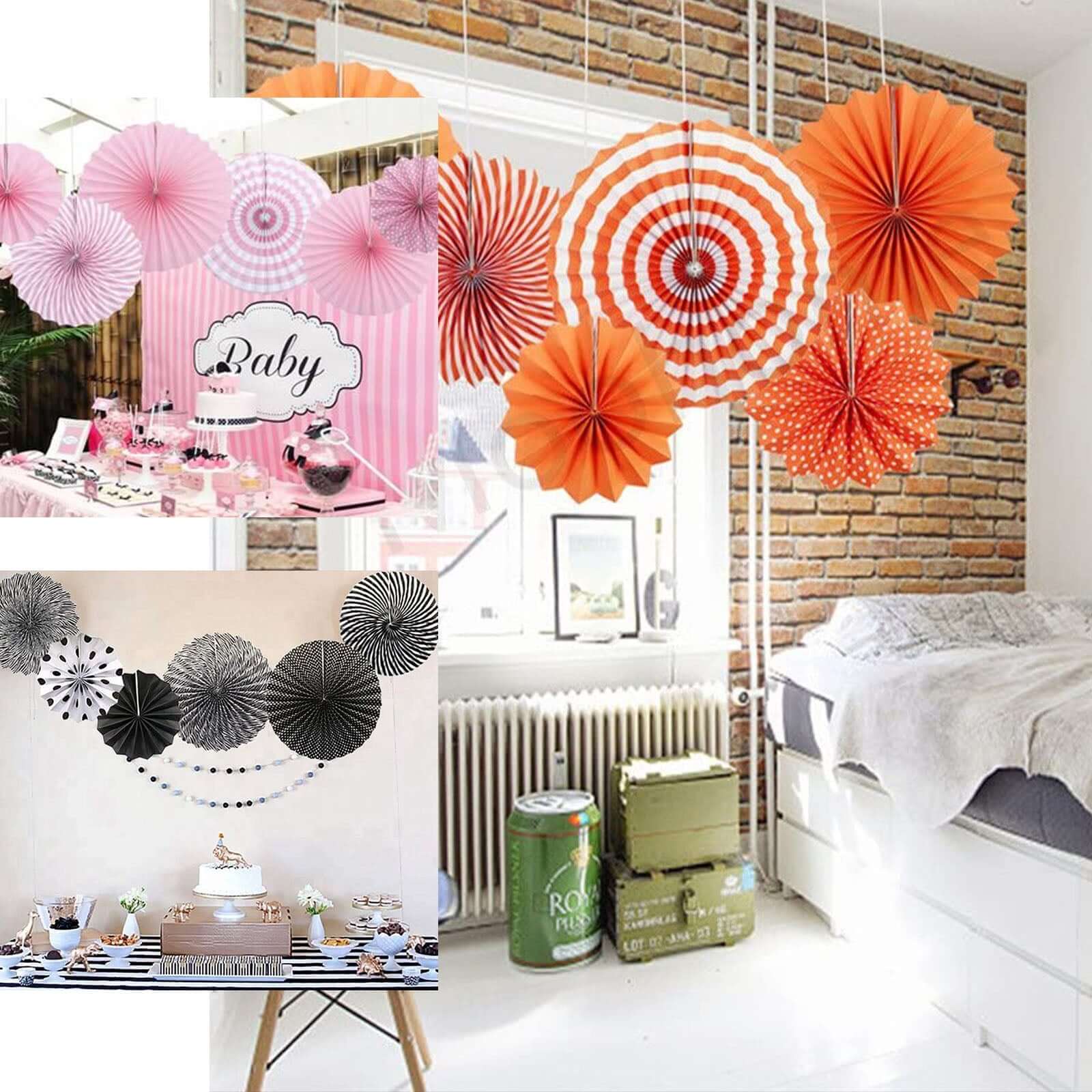 Set of 6 Black / White Hanging Paper Fan Decorations, Pinwheel Wall Backdrop Party Kit 8", 12", 16" - Image 5