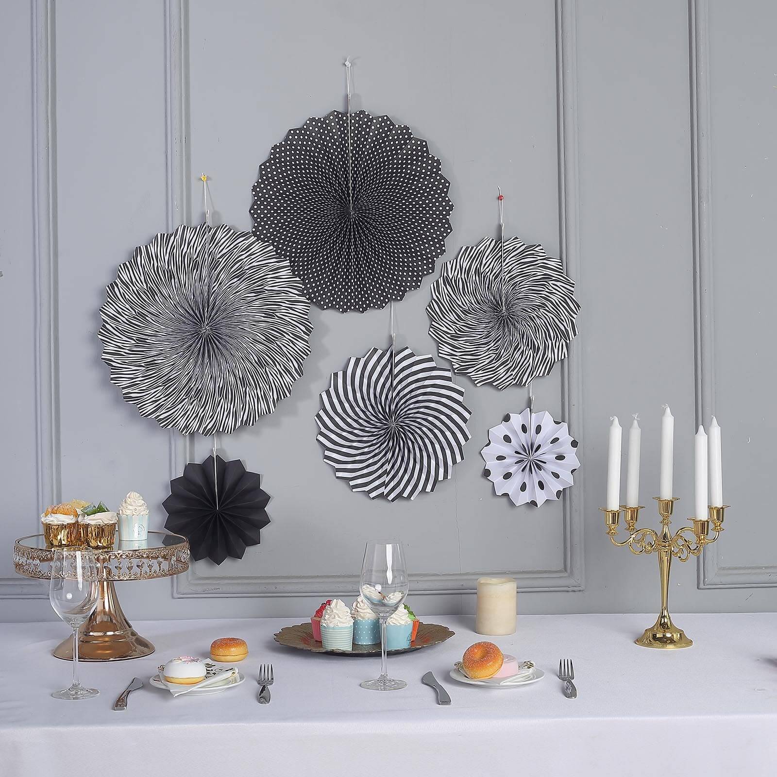 Set of 6 Black / White Hanging Paper Fan Decorations, Pinwheel Wall Backdrop Party Kit 8", 12", 16" - Image 6