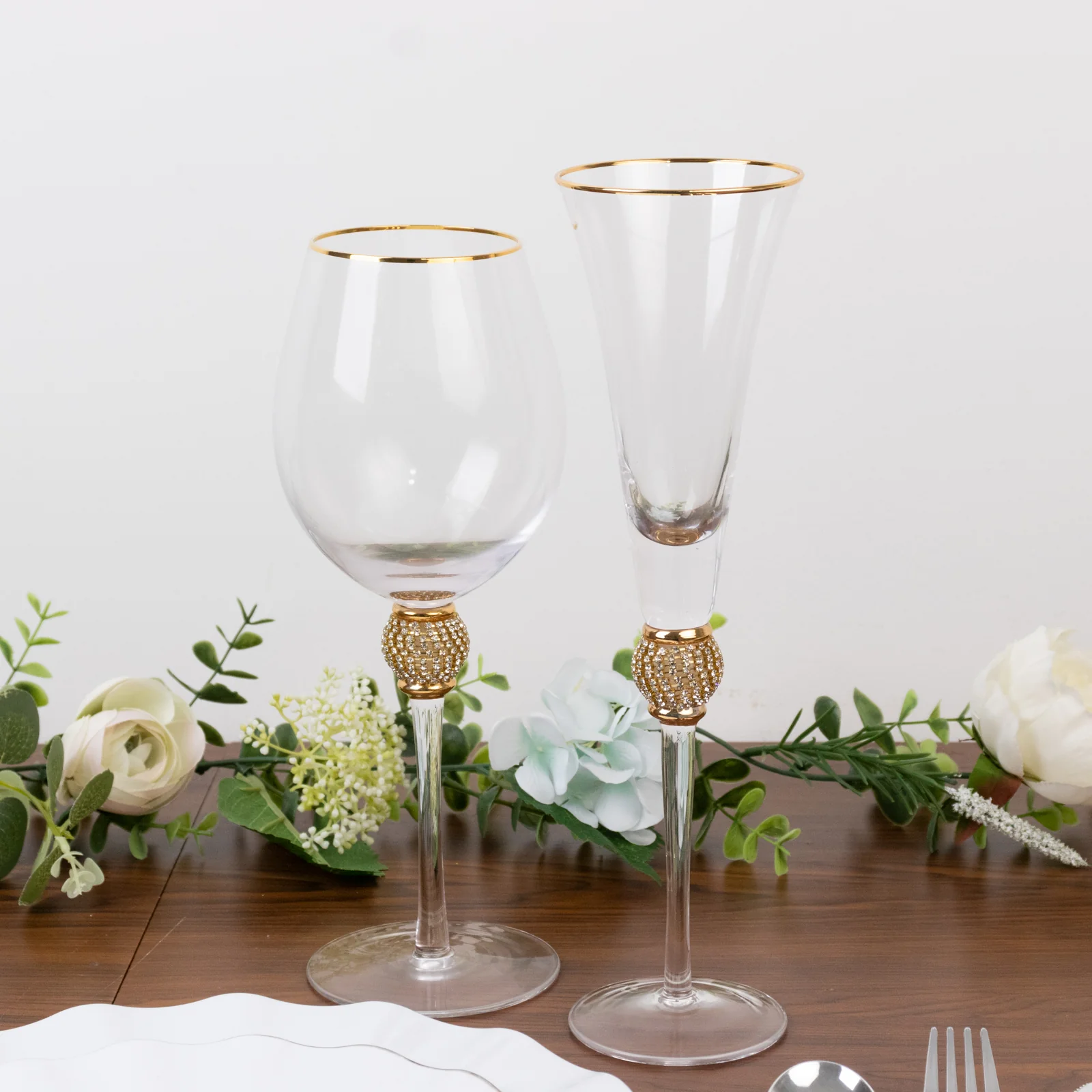 Set of 6 Clear Wine Goblet Glasses 16oz Gold Rimmed Design with Rhinestone Studded Stem 10" - Handblown Vintage Crystal Glassware - Image 6