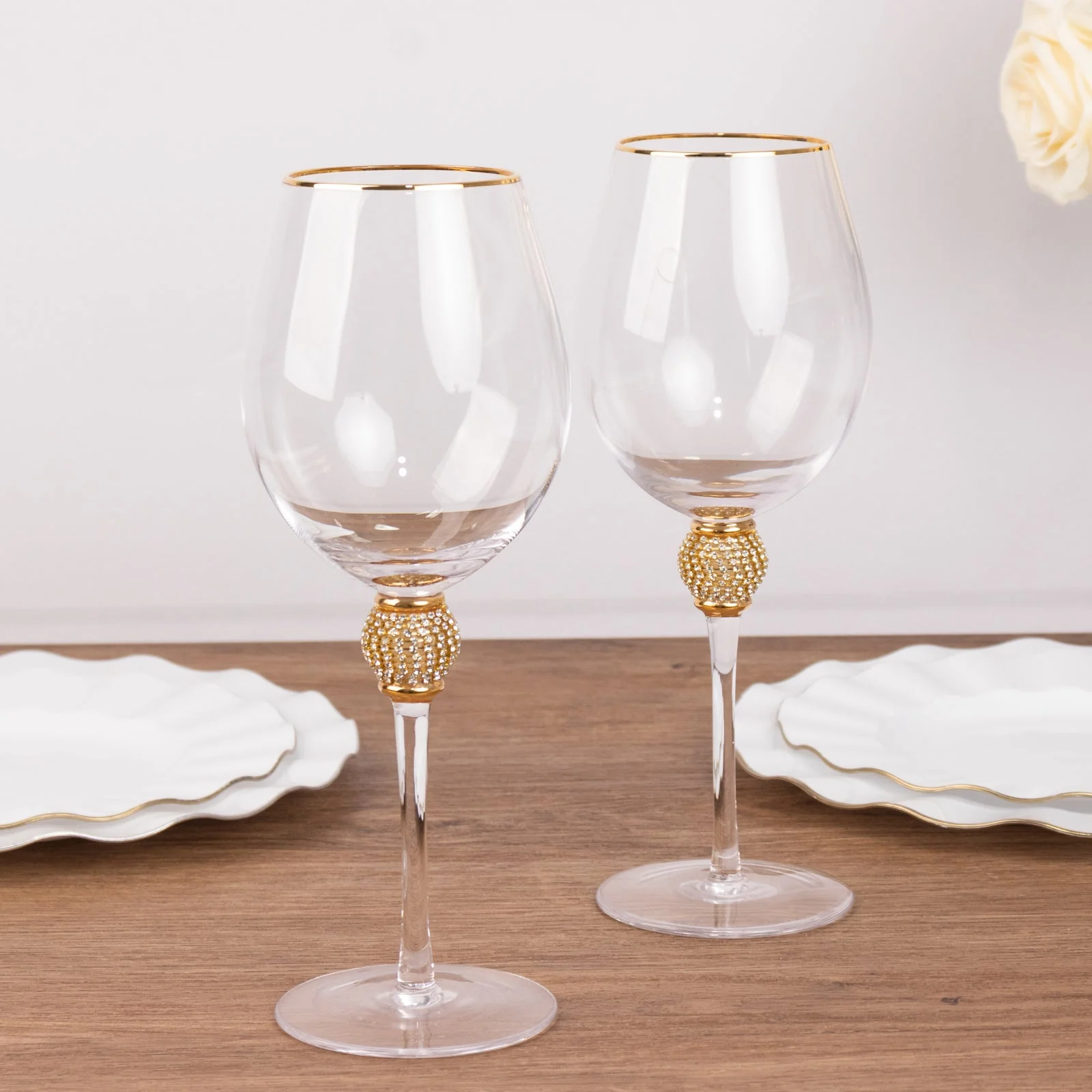 Set of 6 Clear Wine Goblet Glasses 16oz Gold Rimmed Design with Rhinestone Studded Stem 10" - Handblown Vintage Crystal Glassware - Image 8