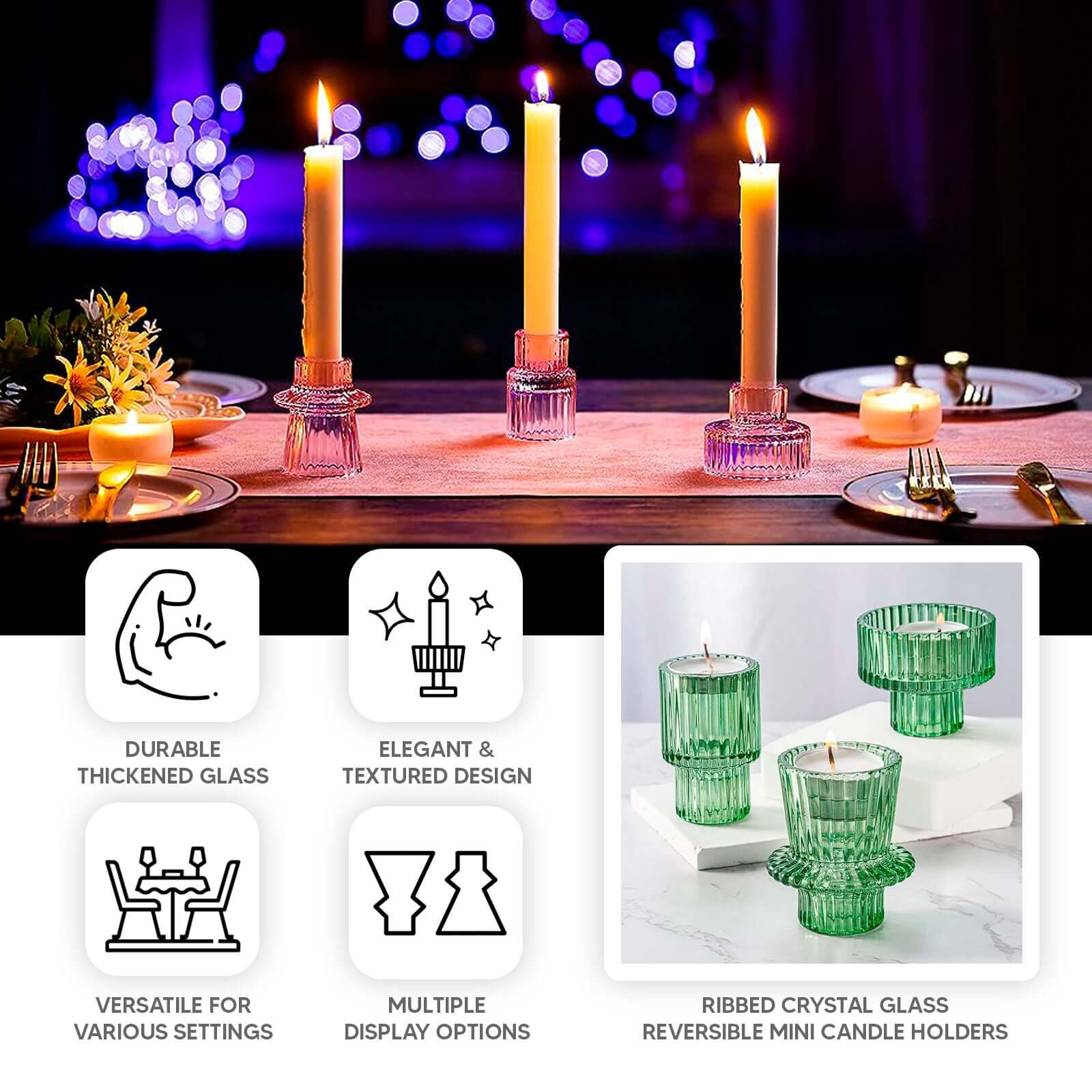 Set of 6 Glass Taper Candle Holders 3" Ribbed Crystal Design Hunter Emerald Green - Reversible Mini Votive Tealight Stands - Image 4